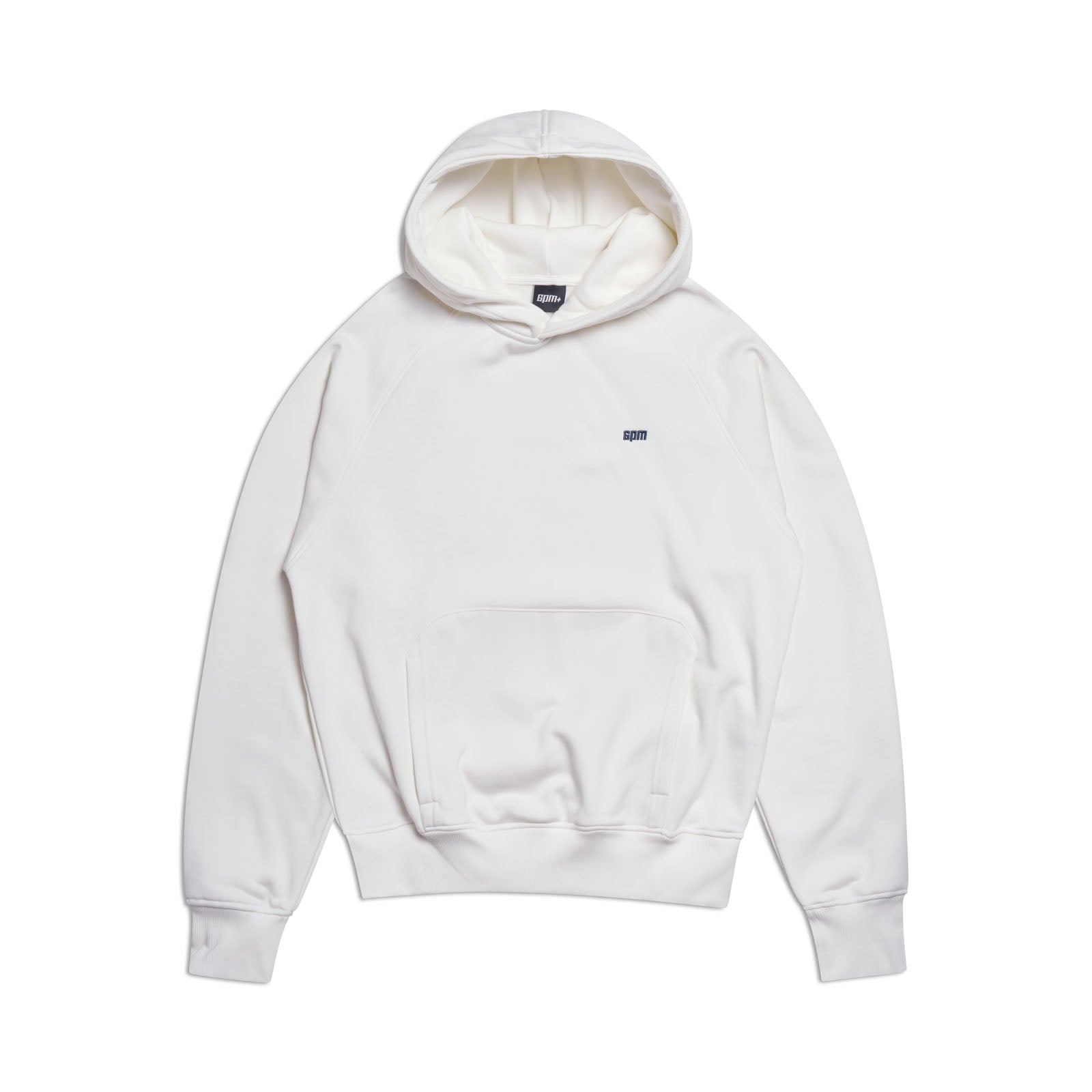 The 6PM HOODIE COCONUT WHITE features a plain white raglan design with long sleeves, a kangaroo pocket, and a small black logo on the left chest—perfect for everyday wear and shown on a white background.