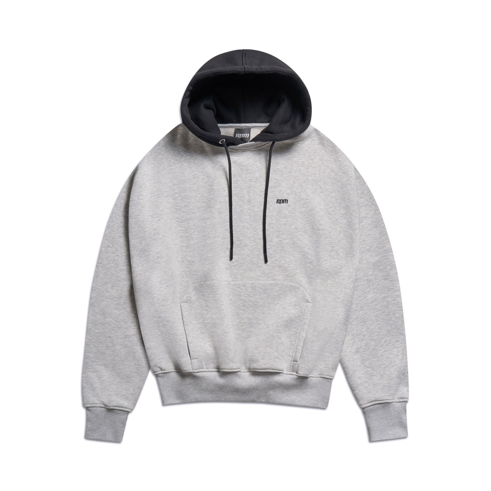 The 6PM CREWNECK HOODIE GREY/BLACK features a light gray color, black-lined hood, black drawstrings, front pocket, and small left chest logo, shown on a white background.