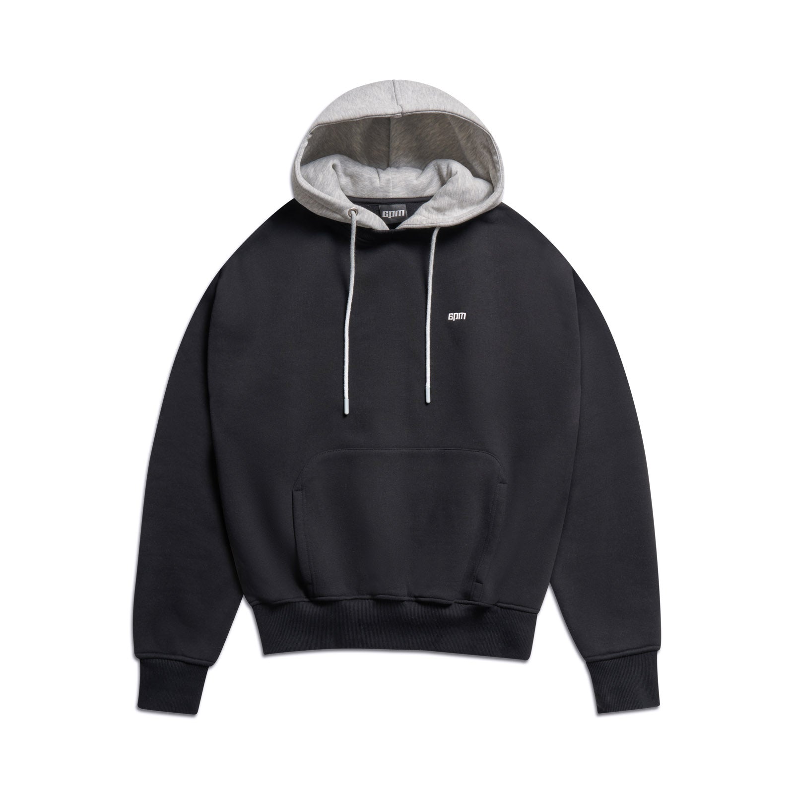 The 6PM CREWNECK HOODIE BLACK/GREY features a black design, gray hood lining, white drawstrings, front pouch pocket, and small white text on the left chest, displayed flat on a white background.