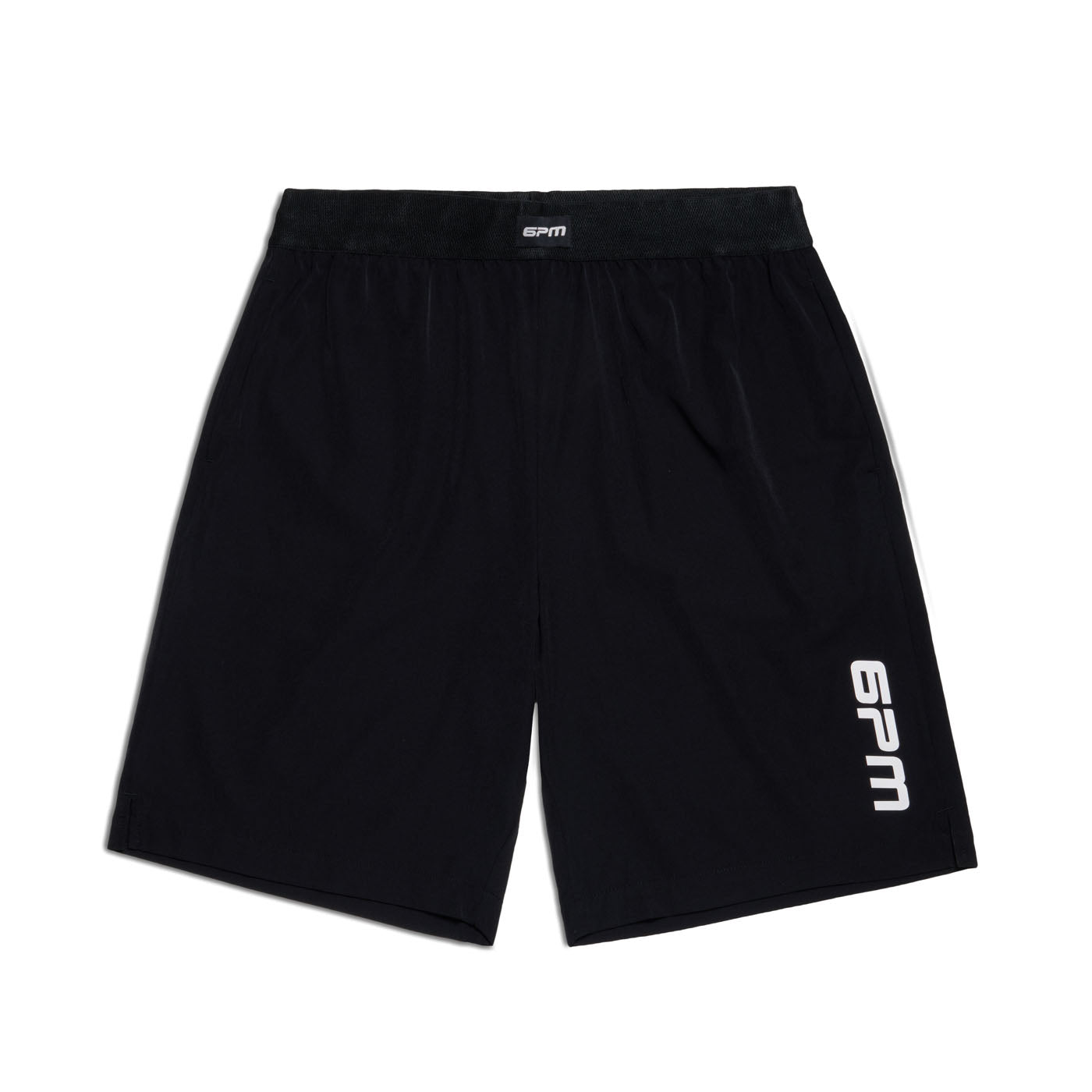 6PM SPORTS SHORTS BLACK by 6PM feature an elastic waistband and 6PM branding in white on the lower left leg and center waistband. The shorts are displayed flat on a white background.