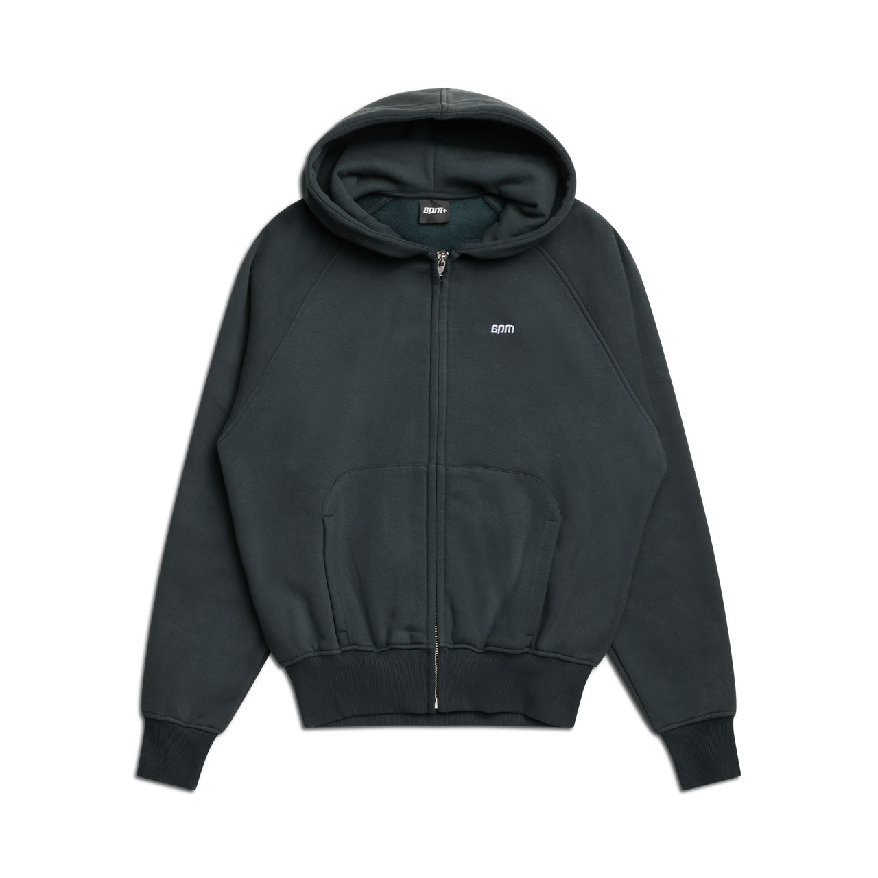The 6PM ZIP HOODIE DARK EMERALD features a structured feel, front pouch pocket, ribbed cuffs and hem, and a small white logo on the left chest. Displayed on a white background, its perfect for everyday use.