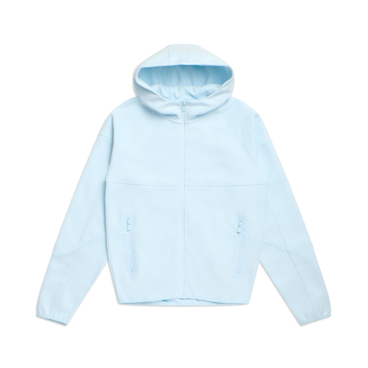 The 6PM HOODED ROADMAN JACKET ICE BLUE features a front zipper, two zippered side pockets, and long sleeves, shown laid flat on a white background.