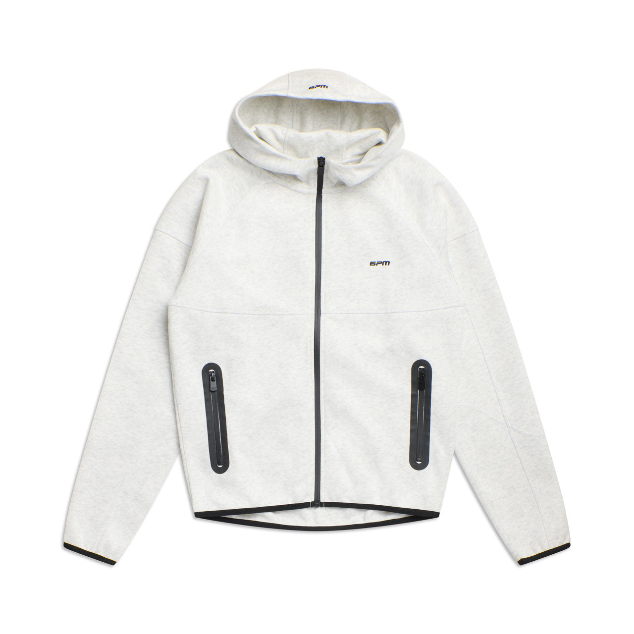 The 6PM HOODED ROADMAN JACKET LIGHT GREY features a minimalist design with black trim, long sleeves, two front vertical zippered pockets, a small black left-chest logo, and a light gray hooded zip-up style.