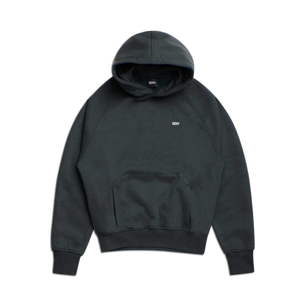 The 6PM HOODIE DARK EMERALD features raglan long sleeves, a front kangaroo pocket, ribbed cuffs and hem, and a small white chest logo. It is shown laid flat on a white background.