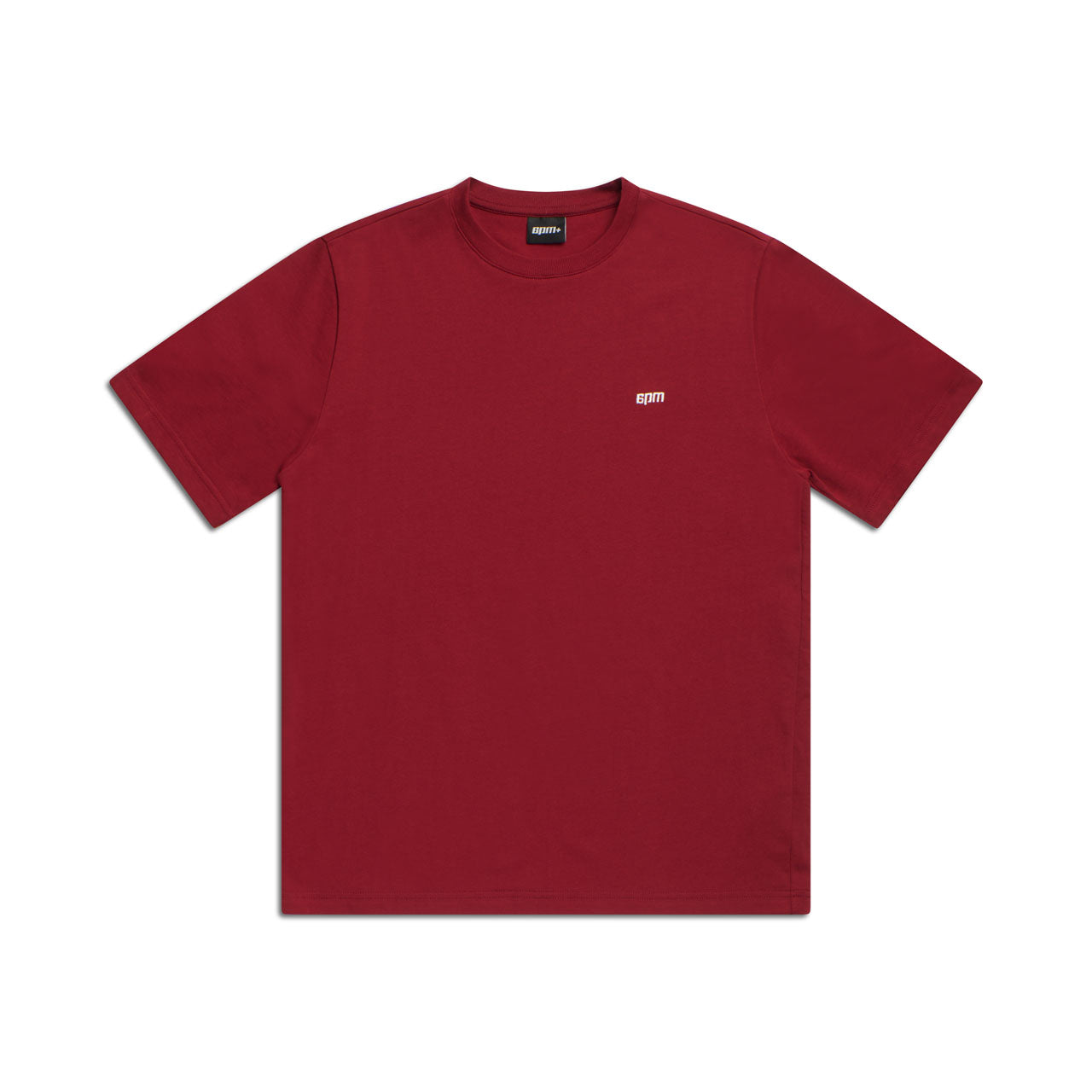 The 6PM T-SHIRT WINE RED is a plain, short-sleeve maroon tee with a small white logo on the left chest, shown on a white background.
