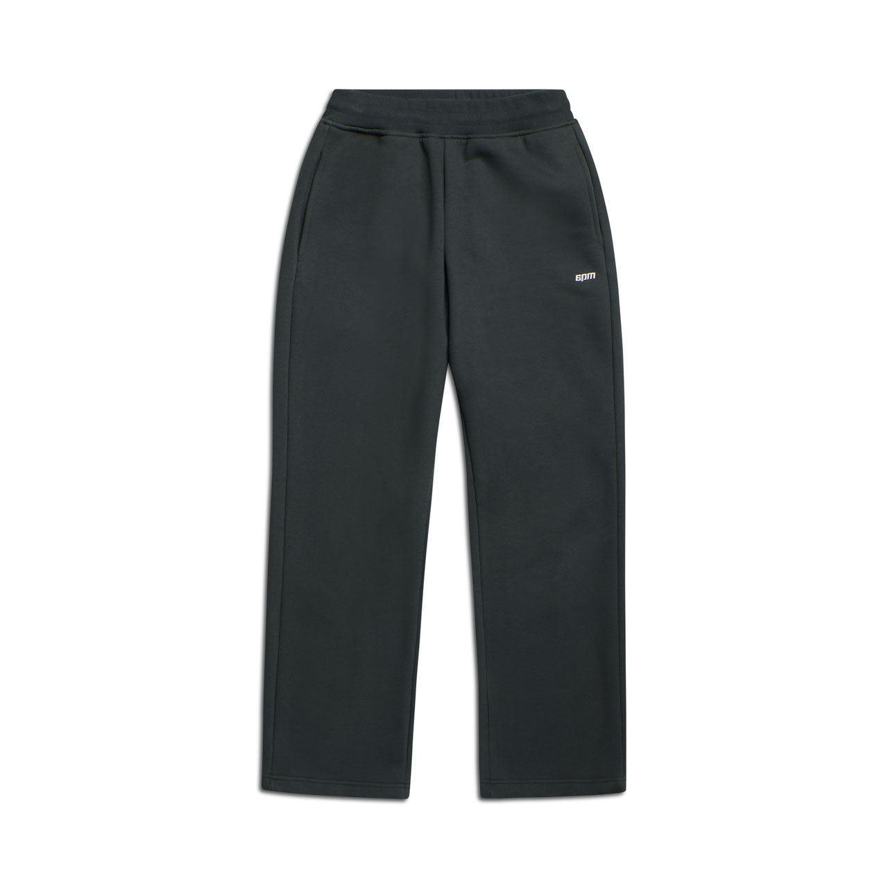 The 6PM OPEN LEG JOGGER DARK EMERALD features an elastic waistband, side pockets, and small white text on the upper left thigh, shown against a white background for a modern classic vibe.