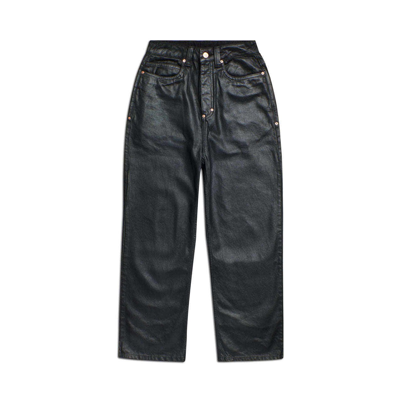 The WAX COATED DENIM BLACK pants by 6PM feature a high waist, five pockets, straight legs, belt loops, and visible stitching in black faux leather, shown laid flat against a white background.