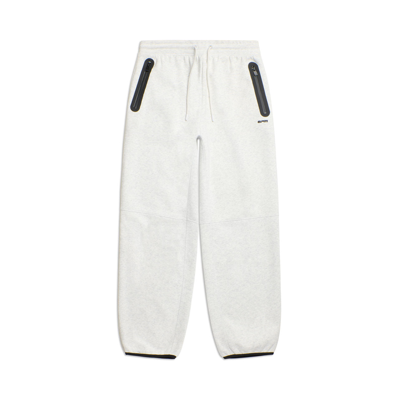 The 6PM WIDE ROADMAN PANTS LIGHT GREY MELANGE feature black zipper pockets, an elastic waistband with drawstrings, elastic ankle cuffs, and a minimal sporty design.