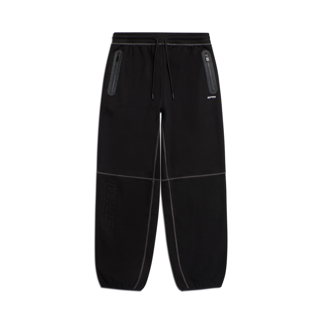 The 6PM WIDE ROADMAN PANTS are black oversized joggers featuring zippered side pockets, an elastic drawstring waistband, subtle white stitching, and a small EPM logo on the upper left leg. Displayed on a white background.