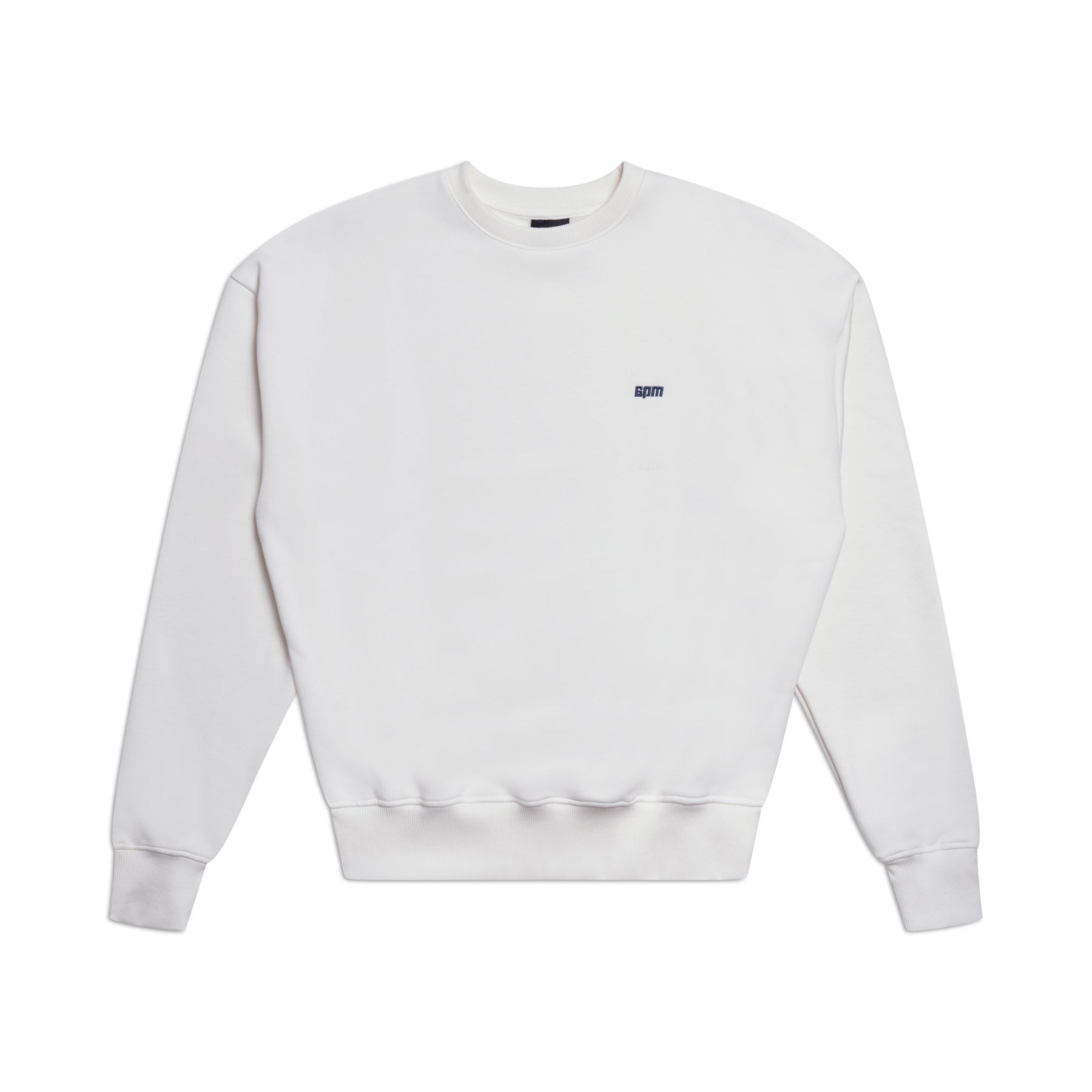 The 6PM CREWNECK COCONUT WHITE is a plain white sweatshirt with long sleeves, ribbed trims, and a small black logo on the left chest, displayed flat on a white background.
