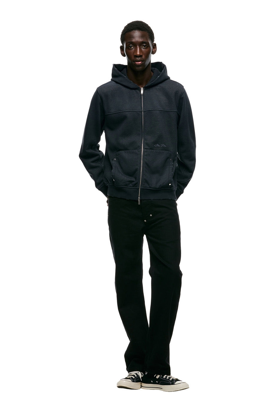 DISTRESSED ZIP HOODIE BLACK