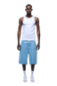 A man faces forward wearing the 6PM TANKTOP WHITE/NAVY, loose light blue knee-length shorts, white crew socks, and white sneakers. Transparent background.