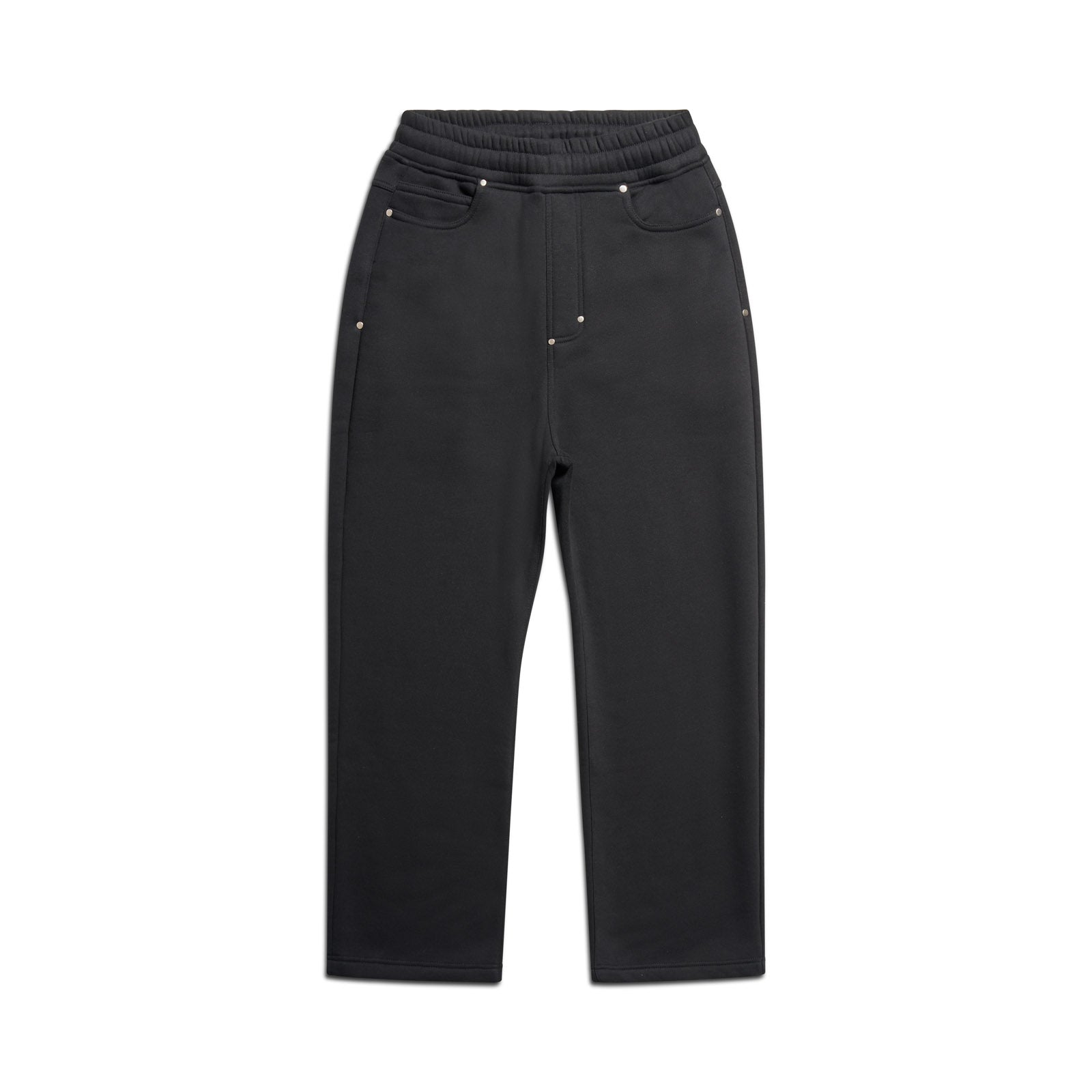 The 6PM X-TRA WIDE 5-POCKET JOGGER BLACK features a high-waisted, straight-leg fit with an elastic waistband, five pockets, and metal rivet details. Displayed laid flat on a white background.