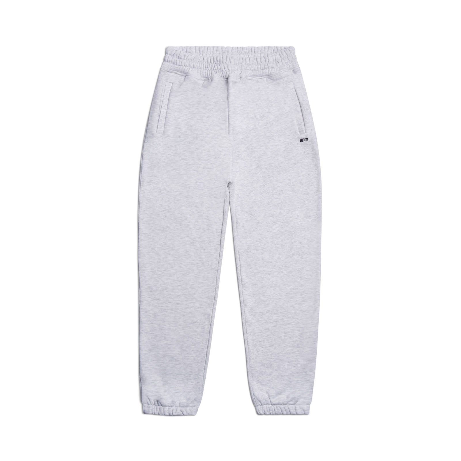 The 6PM CUFF JOGGER LIGHT GREY features an elastic waistband with drawstring, two side pockets, and cuffed ankle openings, shown laid flat on a white background.