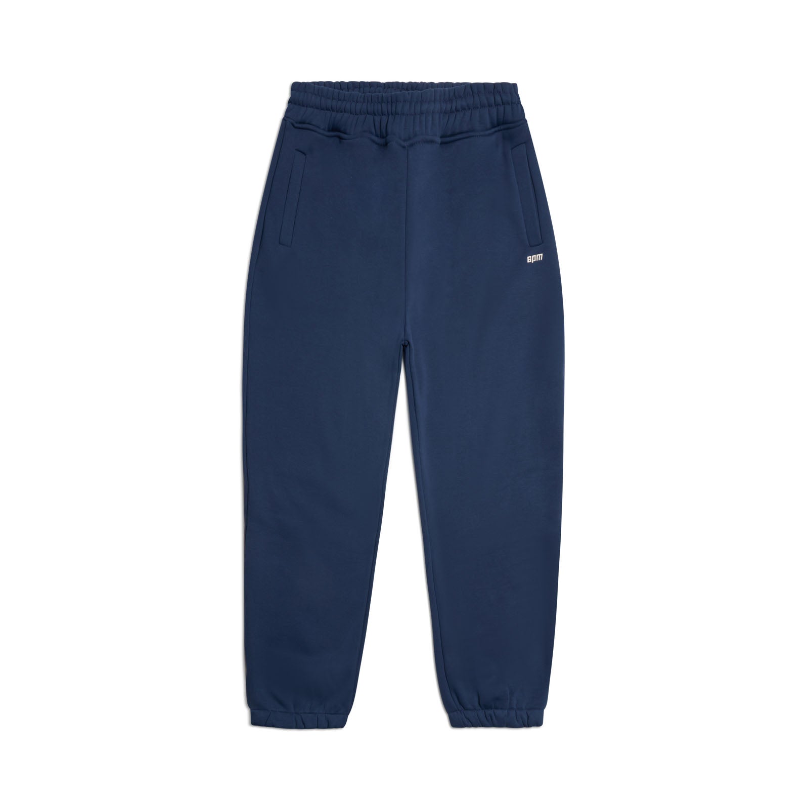 The 6PM CUFF JOGGER NAVY sweatpants feature a classic fit, elastic waistband and cuffs, side pockets, cuffed leg openings, and a small white logo on the left thigh, shown on a white background.