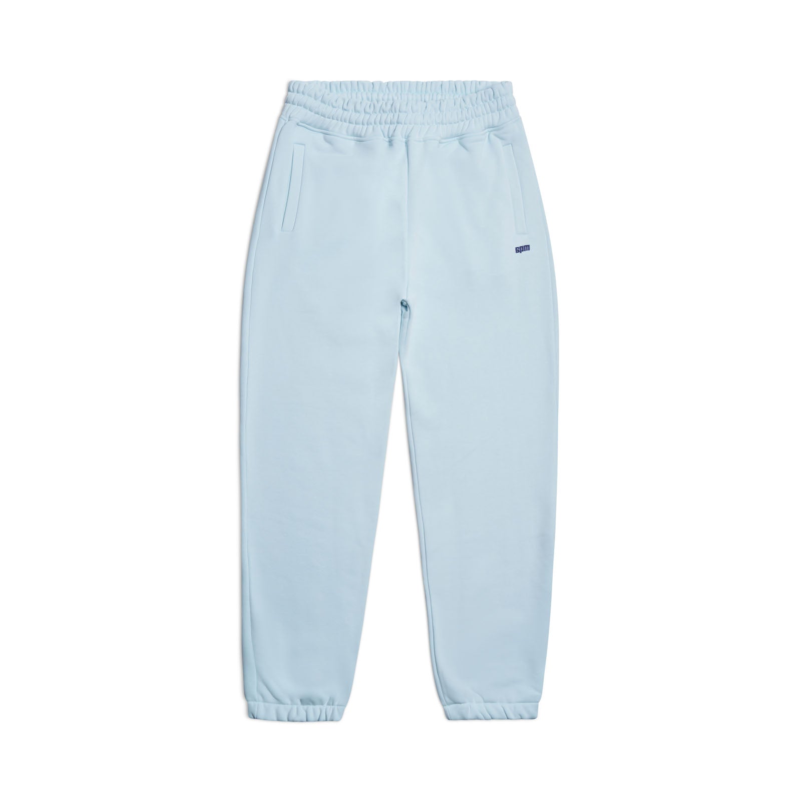 The 6PM CUFF JOGGER ICE BLUE features an elastic waistband, cuffed leg openings, two side pockets, and a small embroidered logo near the left pocket, shown on a white background.