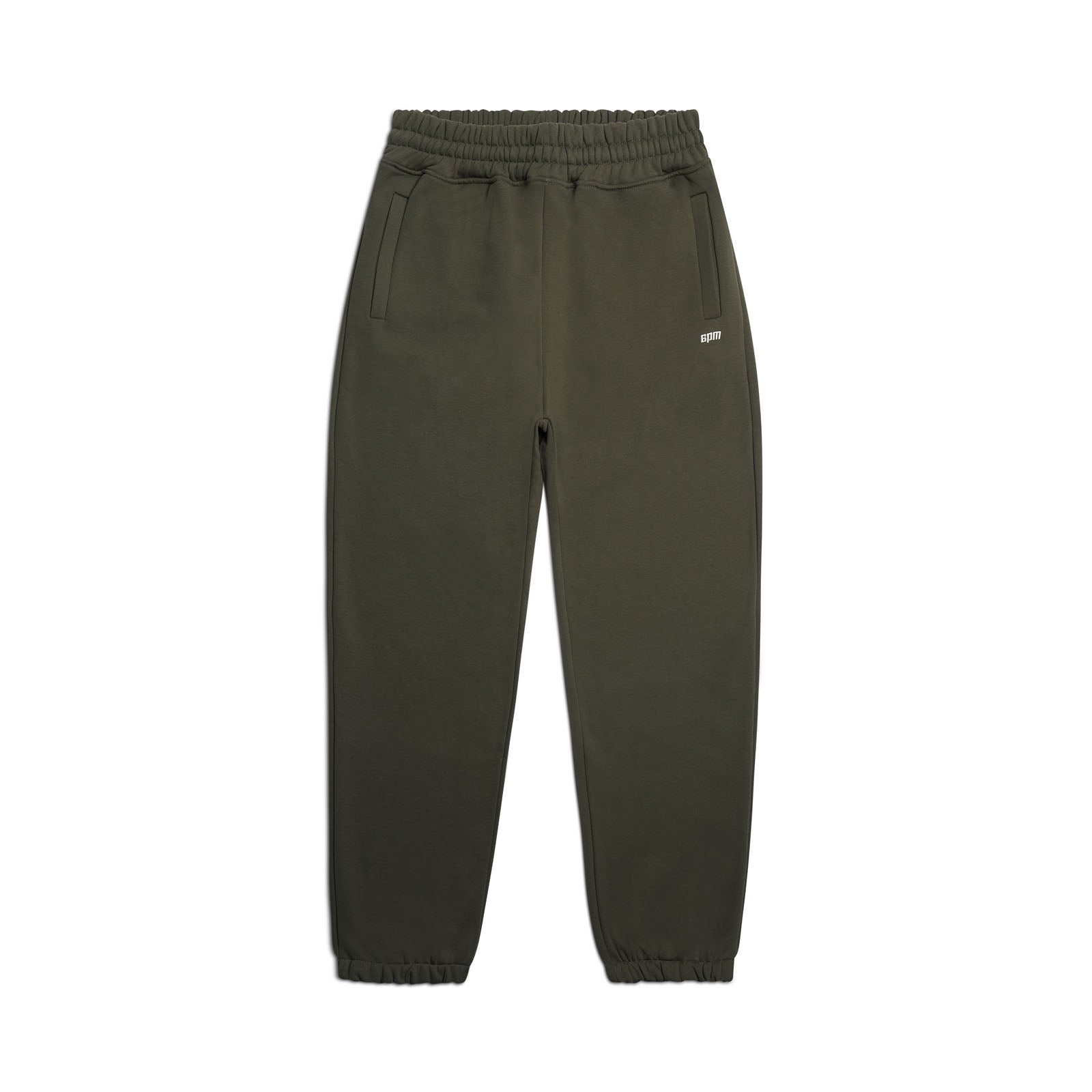 The 6PM CUFF JOGGER FOREST NIGHT features a classic fit in olive green with an elastic waistband, two side pockets, and cuffed leg openings. Pants are shown laid flat on a white background.