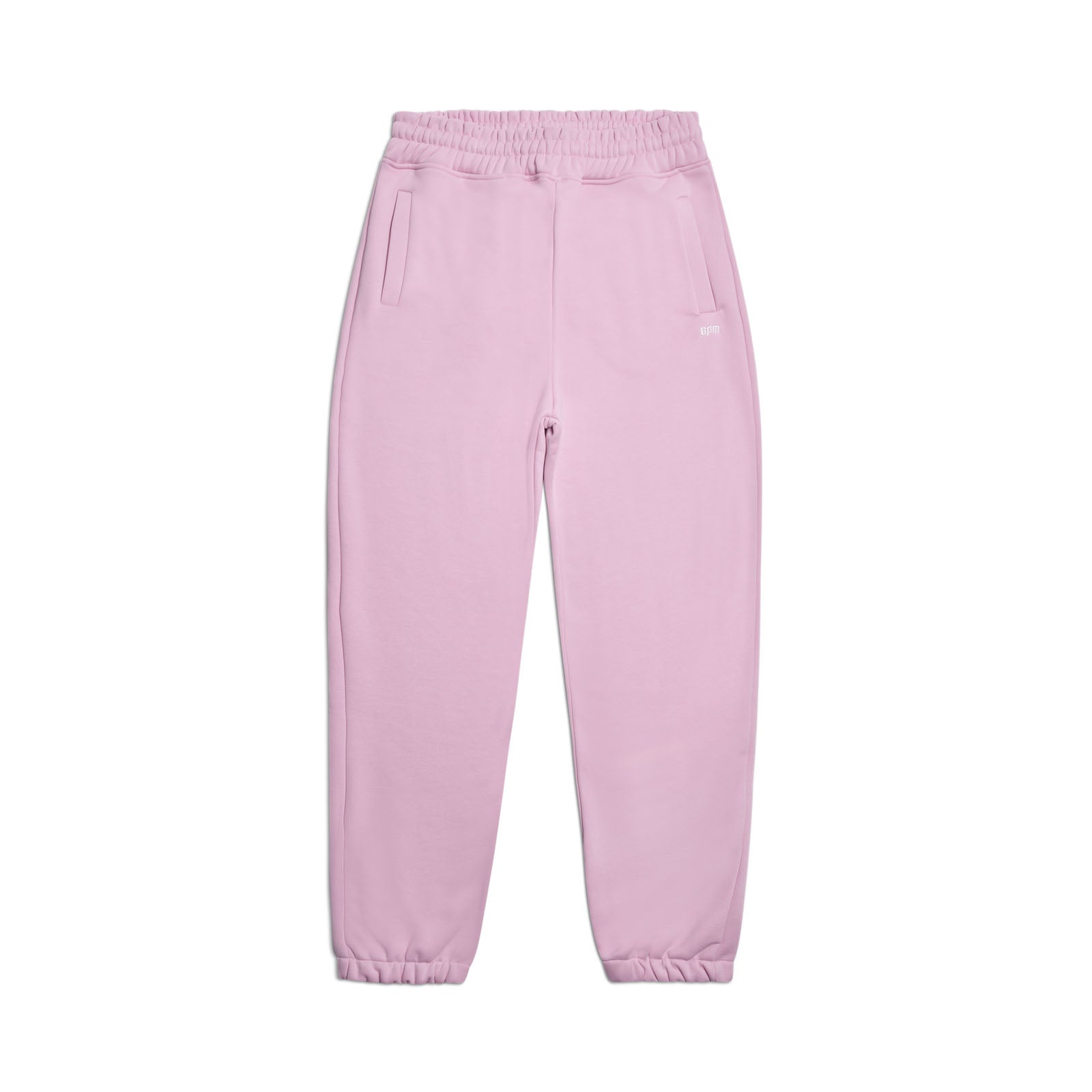 The CUFF JOGGER BABY PINK by 6PM is a relaxed fit sweatpant in light pink, featuring an elastic waistband, cuffed leg openings, and two side pockets, shown laid flat on a white background.