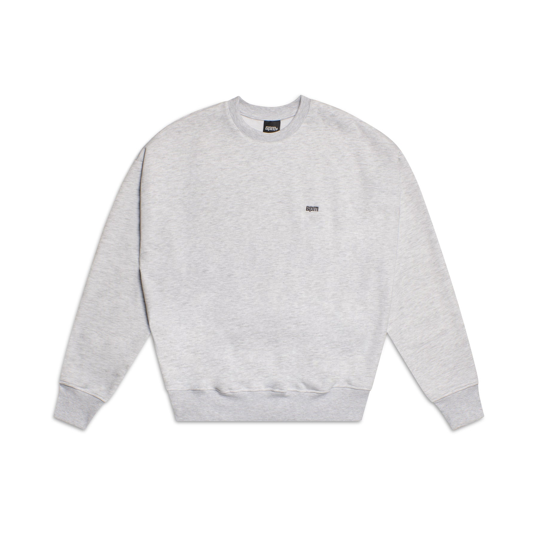 The 6PM CREWNECK LIGHT GREY is a long-sleeve sweatshirt with ribbed trims and a small black logo on the left chest, shown laid flat on a white background.