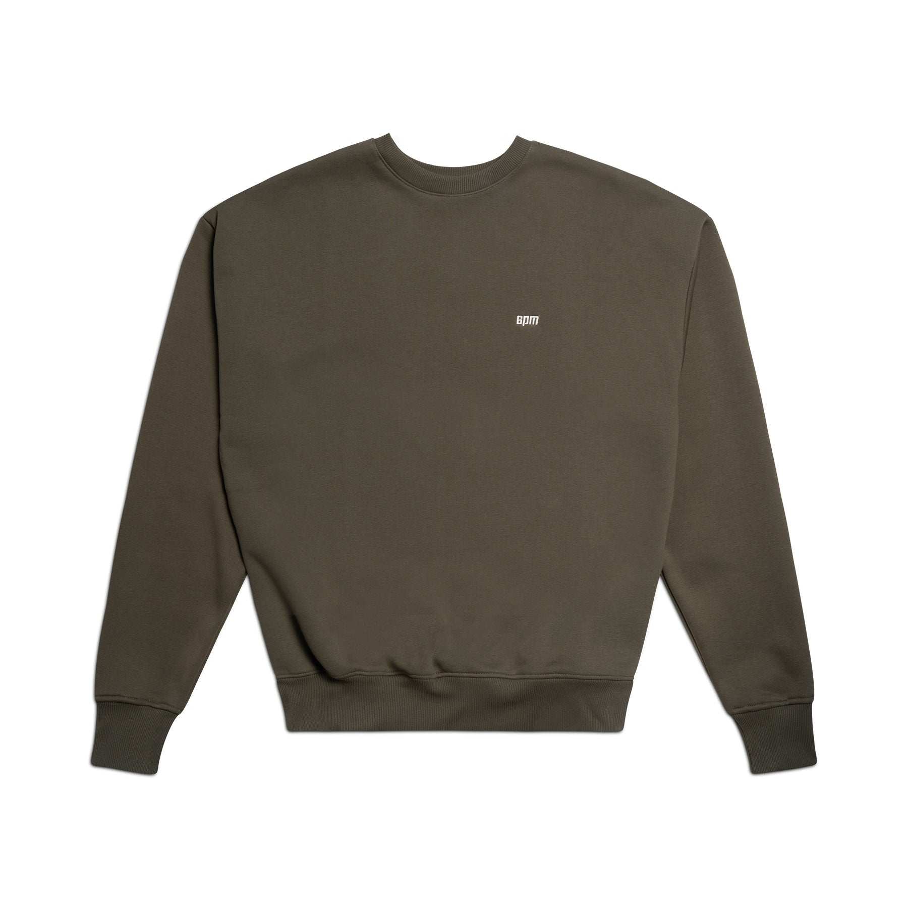The 6PM CREWNECK FOREST NIGHT is an olive green, boxy-fit crewneck sweatshirt with long sleeves, ribbed cuffs, and a small white embroidered logo on the left chest, shown laid flat on a white background.