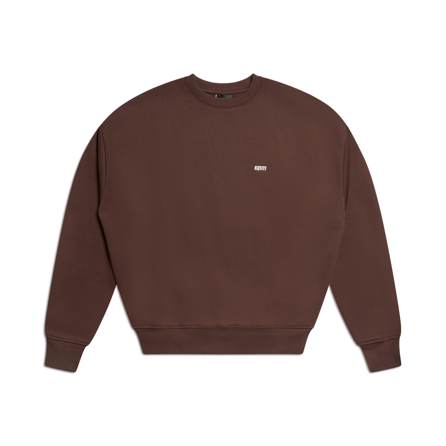 The 6PM CREWNECK CHOCOLATE BROWN sweatshirt features long sleeves, ribbed trims, and a small white logo on the left chest, shown on a white background.