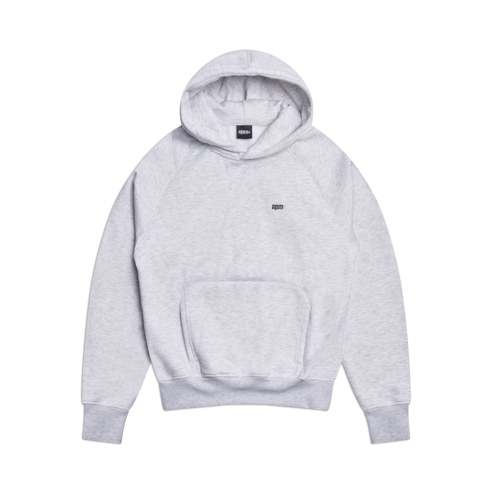 The 6PM HOODIE LIGHT GREY features raglan long sleeves, a front kangaroo pocket, ribbed cuffs and hem, and a small black embroidered logo on the left chest. Perfect for everyday wear. Shown laid flat on a white background.