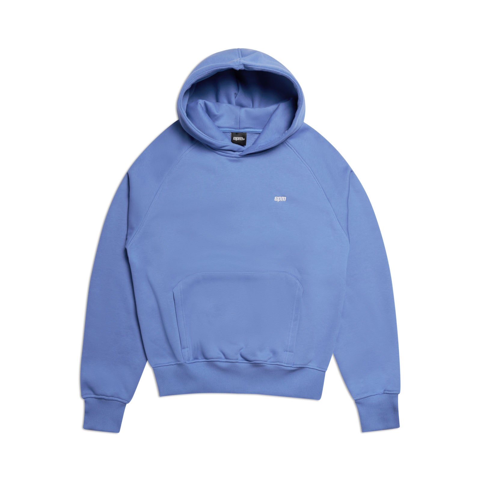 The 6PM HOODIE PERSIAN BLUE features light blue raglan sleeves, a front kangaroo pocket, and a small white chest logo—perfect for everyday wear. Shown on a plain white background.
