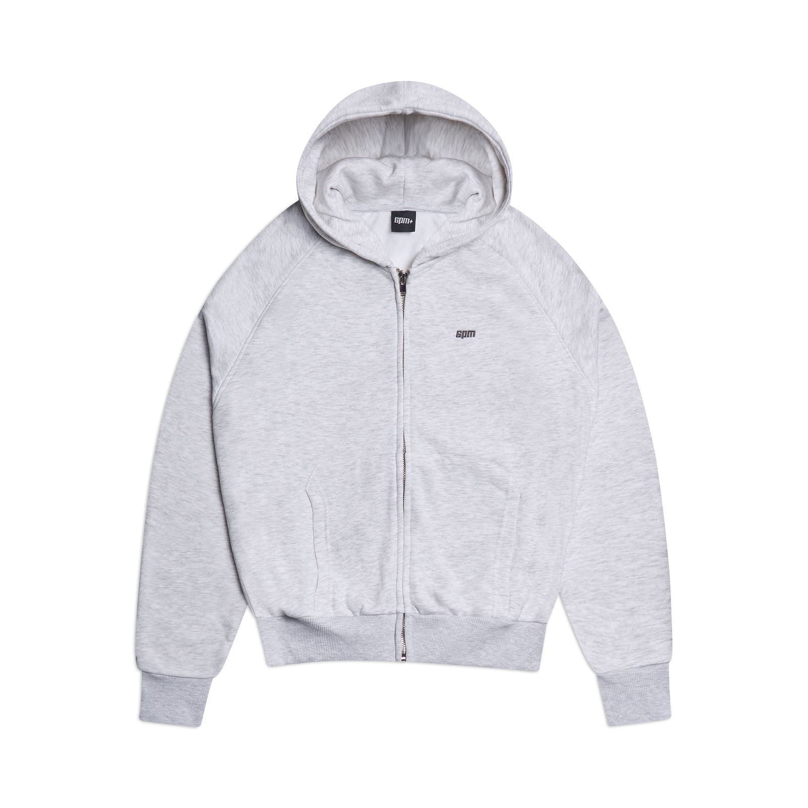 The 6PM ZIP HOODIE LIGHT GREY features a front zipper, hood, long sleeves, ribbed cuffs and hem, and a small black logo on the left chest. Shown flat on a white background with a clean finish for everyday wear.