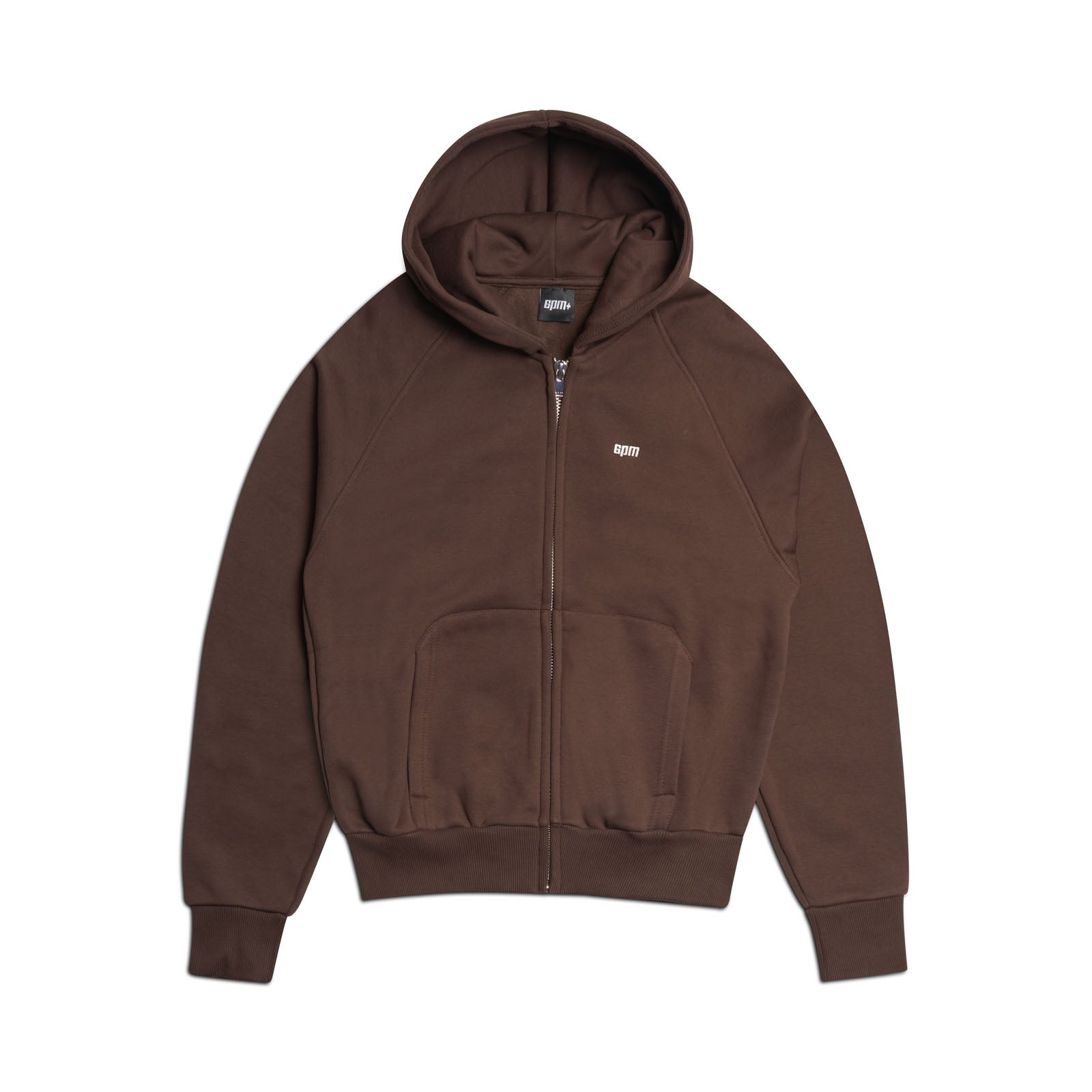 The 6PM ZIP HOODIE CHOCOLATE BROWN features a clean finish, front pocket, ribbed cuffs and hem, and a small white chest logo, shown on a white background.