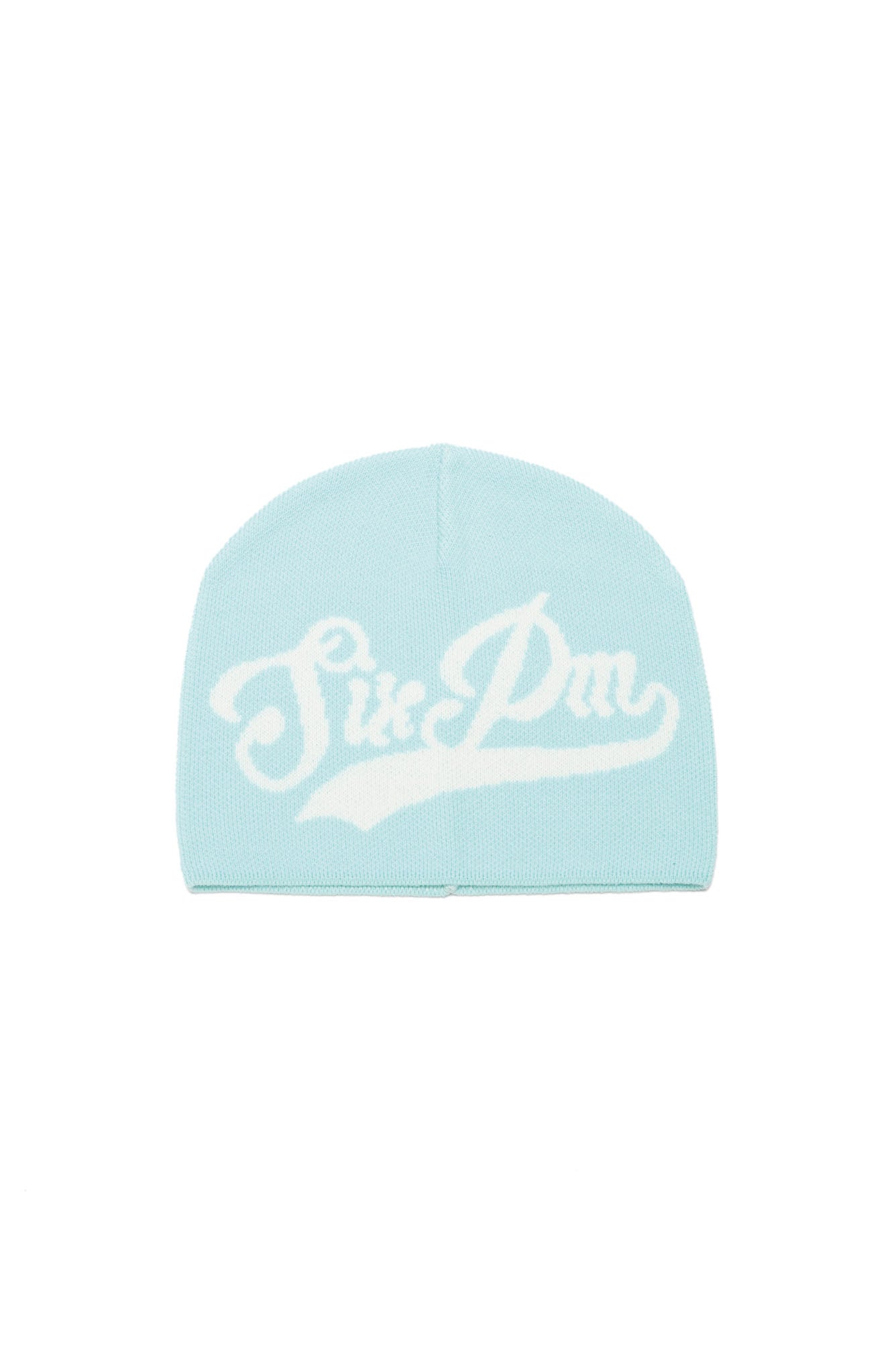 The 6PM SCRIPT LOGO BEANIE TURQUOISE is a light blue beanie with "Sick DM" in bold, white, stylized script on the front.