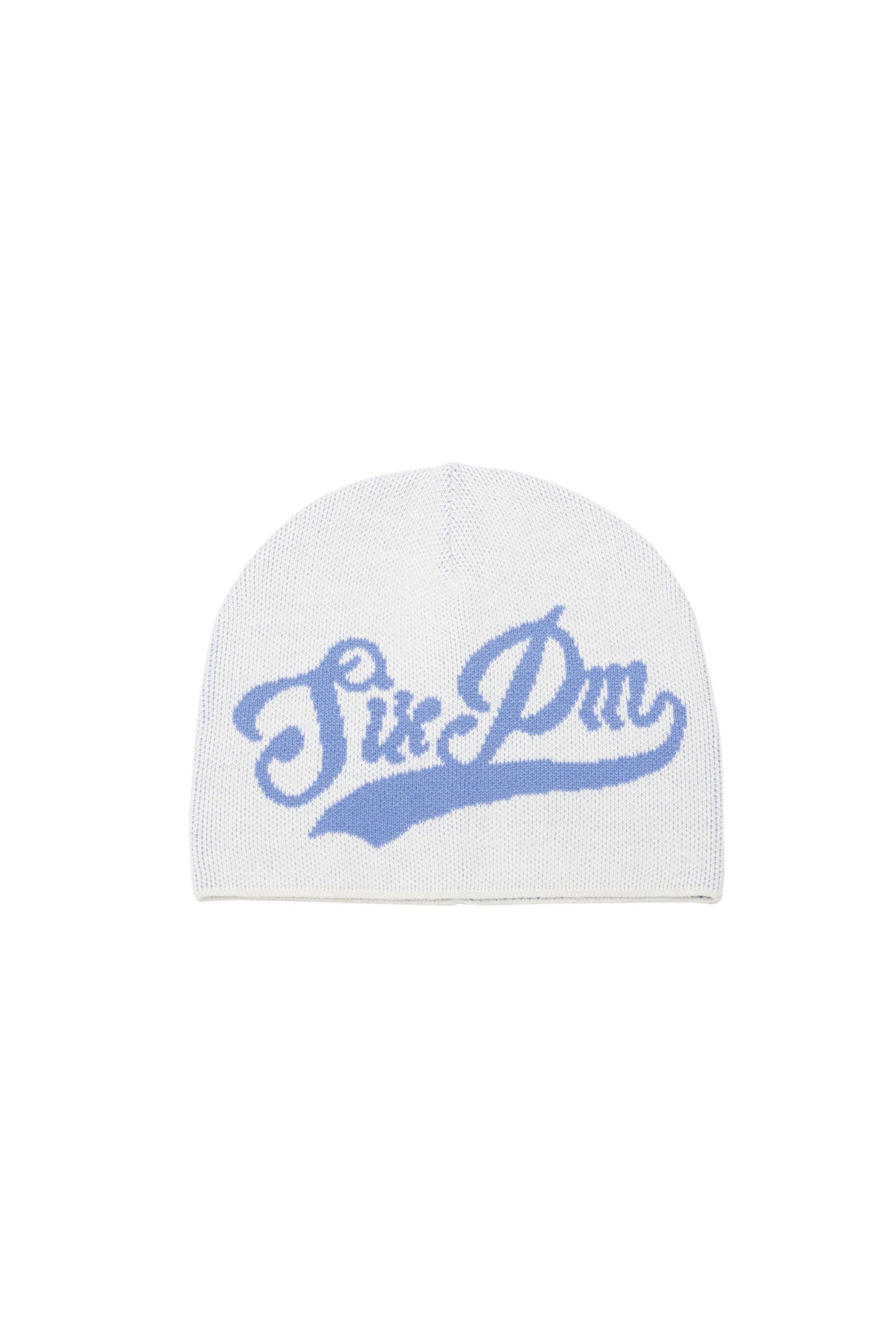 The SCRIPT LOGO BEANIE CREAM by 6PM is a white knit beanie with "Six PM" in bold light blue script on the front, set against a plain white background.