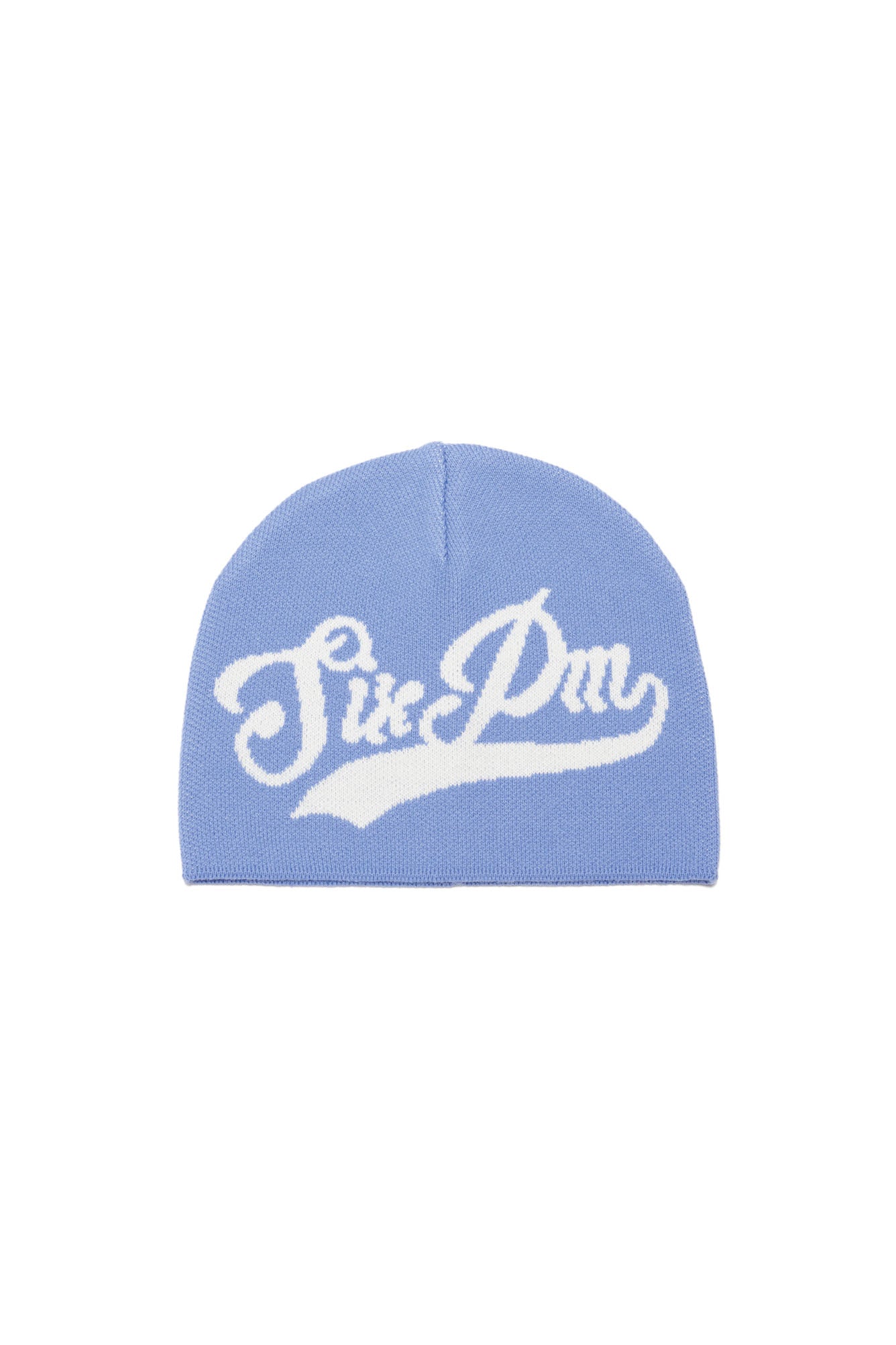 The 6PM SCRIPT LOGO BEANIE in Persian Blue features bold white cursive "Site DM" lettering on the front. It’s a light blue knit beanie against a plain white background.