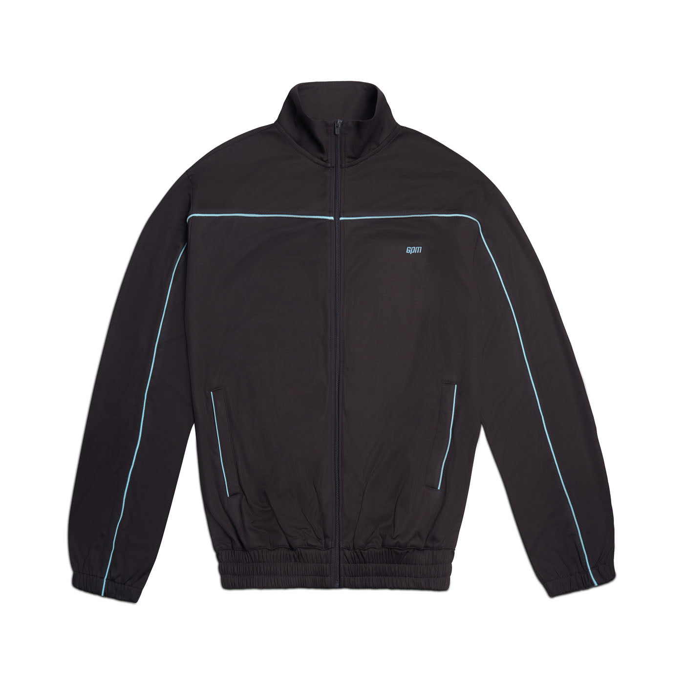 The 6PM+ TRAINER JACKET ANTHRACITE by 6PM is a black zip-up track jacket with zipped pockets, light blue piping on the chest and sleeves, a small embroidered logo on the left chest, high collar, and elastic cuffs—ideal for urban style.