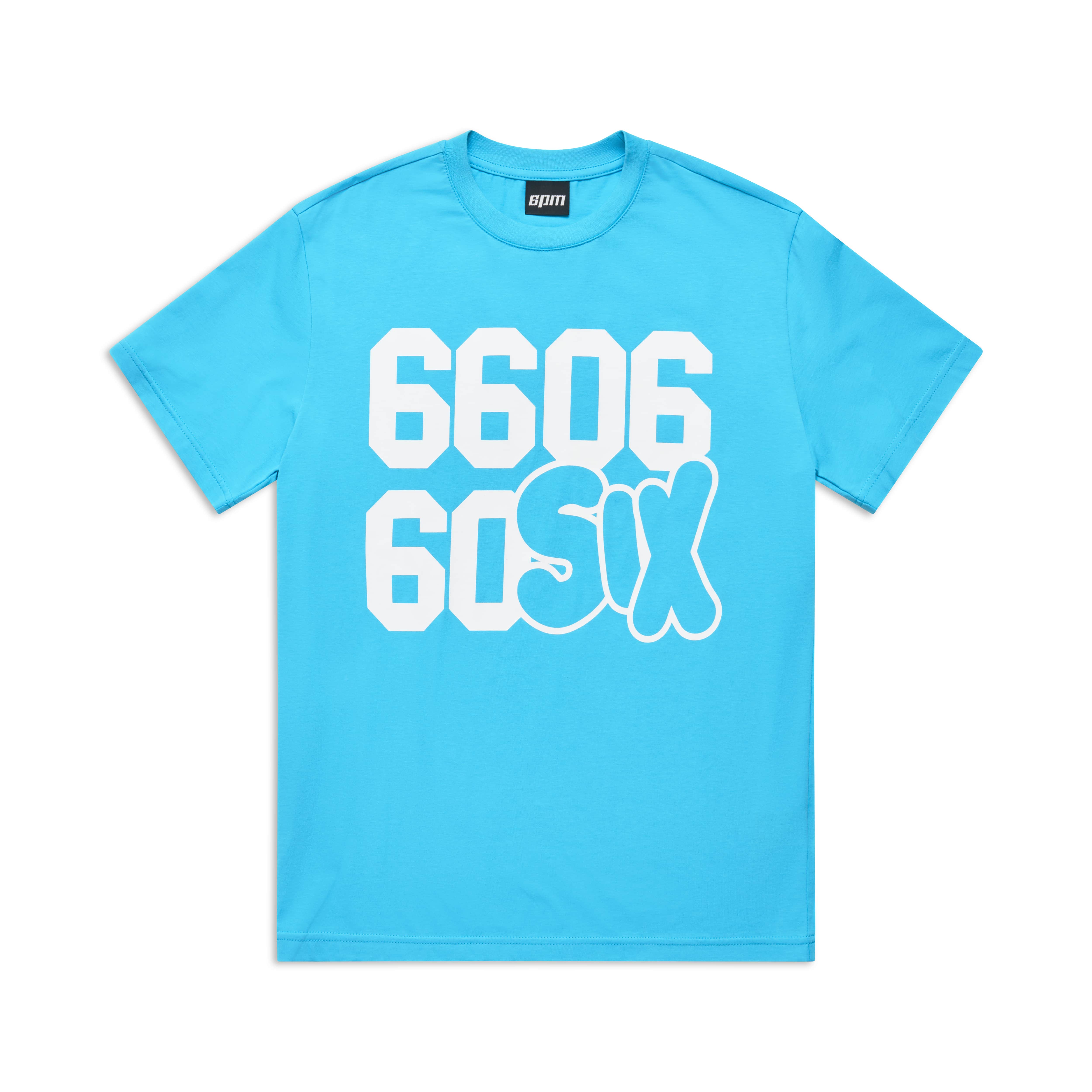 The 6PM 660660 TEE BLUE features bold white 6606 block numbers on the chest with SIX in playful inverted letters beneath, all on a bright blue shirt.