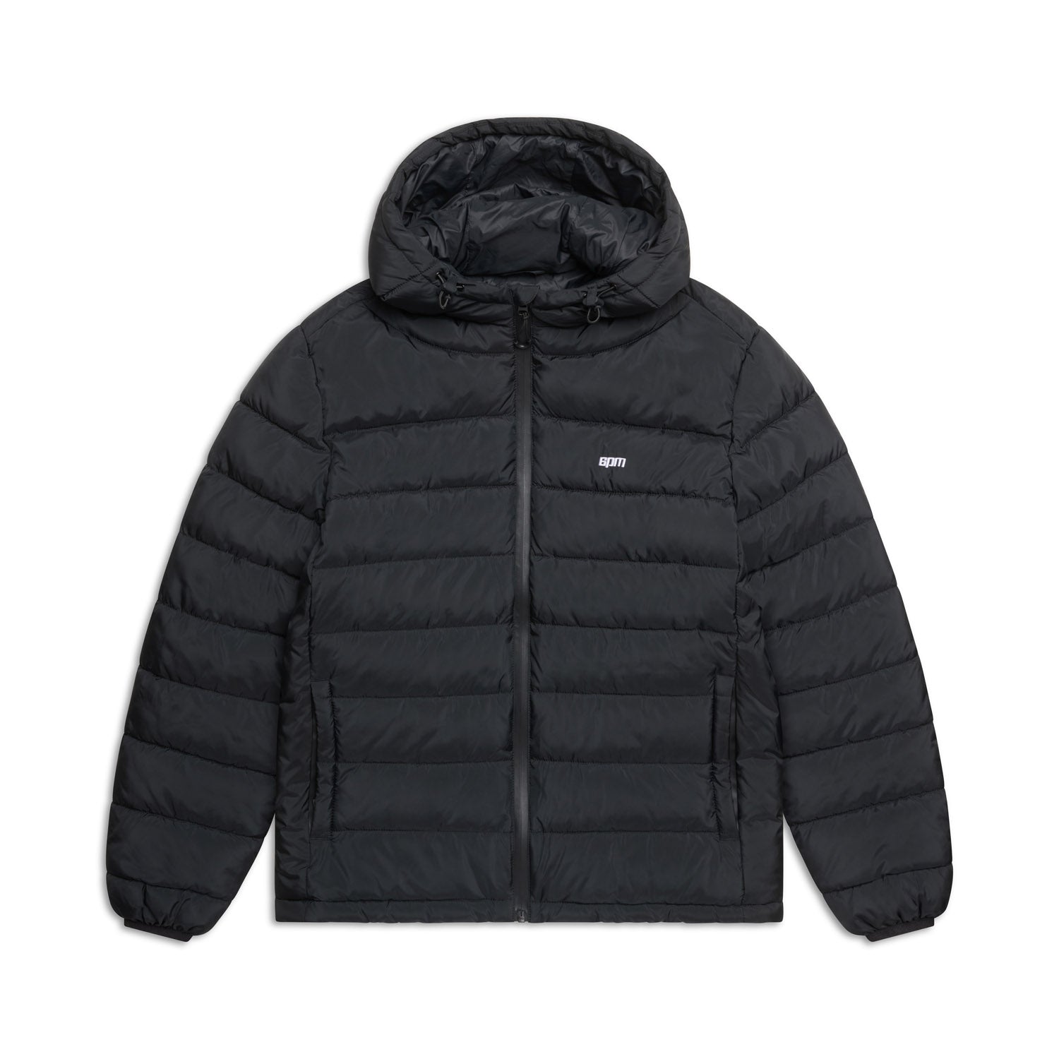 The 6PM LIGHT WEIGHT PUFFER JACKET BLACK features a hood, front zipper, two side pockets, horizontal quilting, and a small white KEITH logo on the left chest.