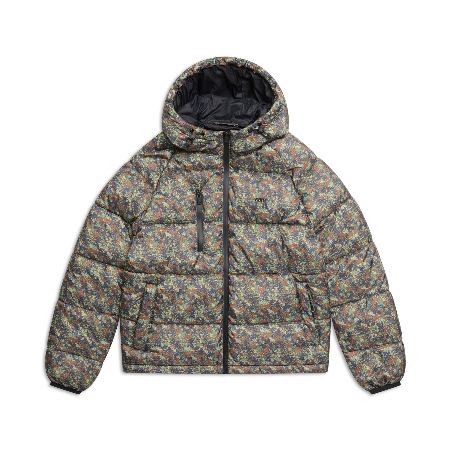 The 6PM PUFFER JACKET MINI CAMO is a hooded puffer with a multicolored camo print, front zipper, zippered chest pocket, and side pockets, shown on a white background.