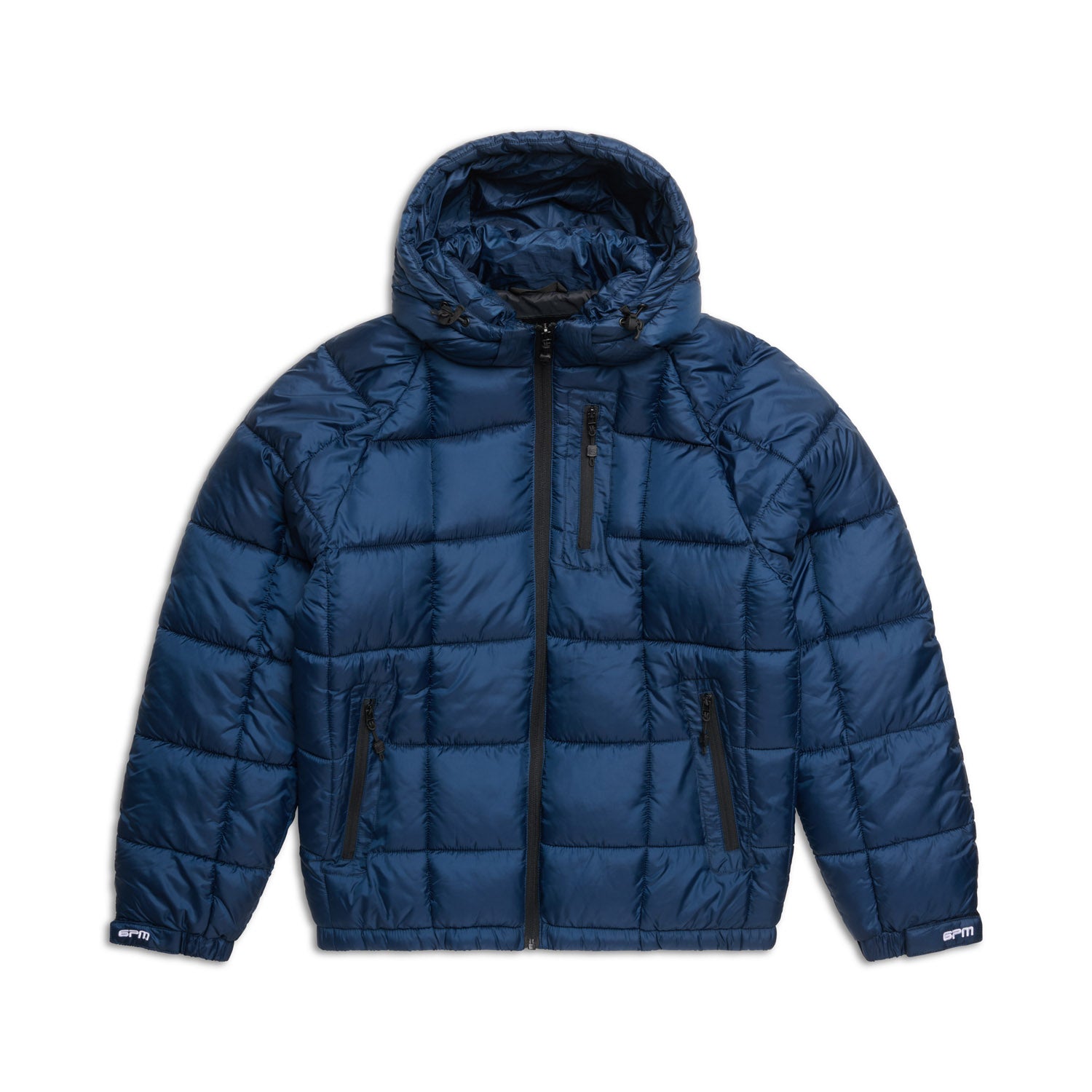 The 6PM LIGHT PUFFER JACKET RECTANGLES MIDNIGHT BLUE features a hood, front zipper, quilted design, two zippered side pockets, and a small chest pocket.