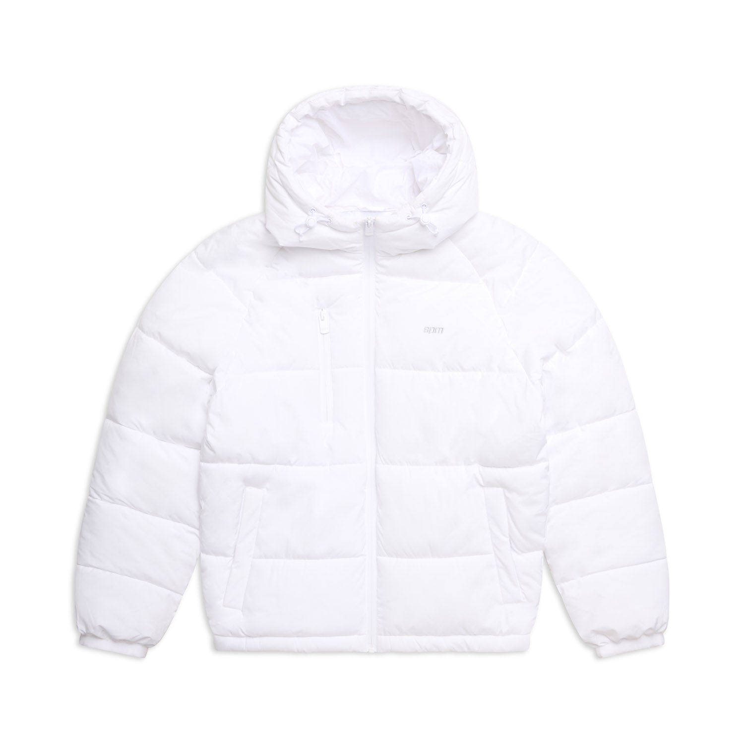 The 6PM PUFFER JACKET WHITE features a hood, front zipper, chest pocket, and two side pockets, shown against a plain white background.