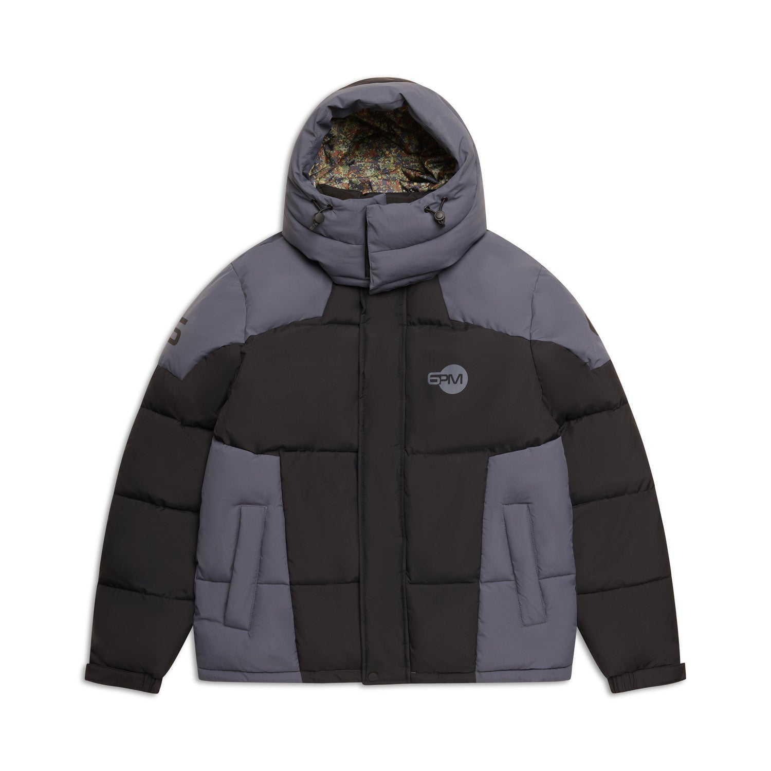 The 6PM COLOUR BLOCKING PUFFER BLACK/ANTHRACITE is a gray and black hooded jacket with a front zipper, patterned hood lining, logo patch on the left chest, color-block design, and insulated sections.