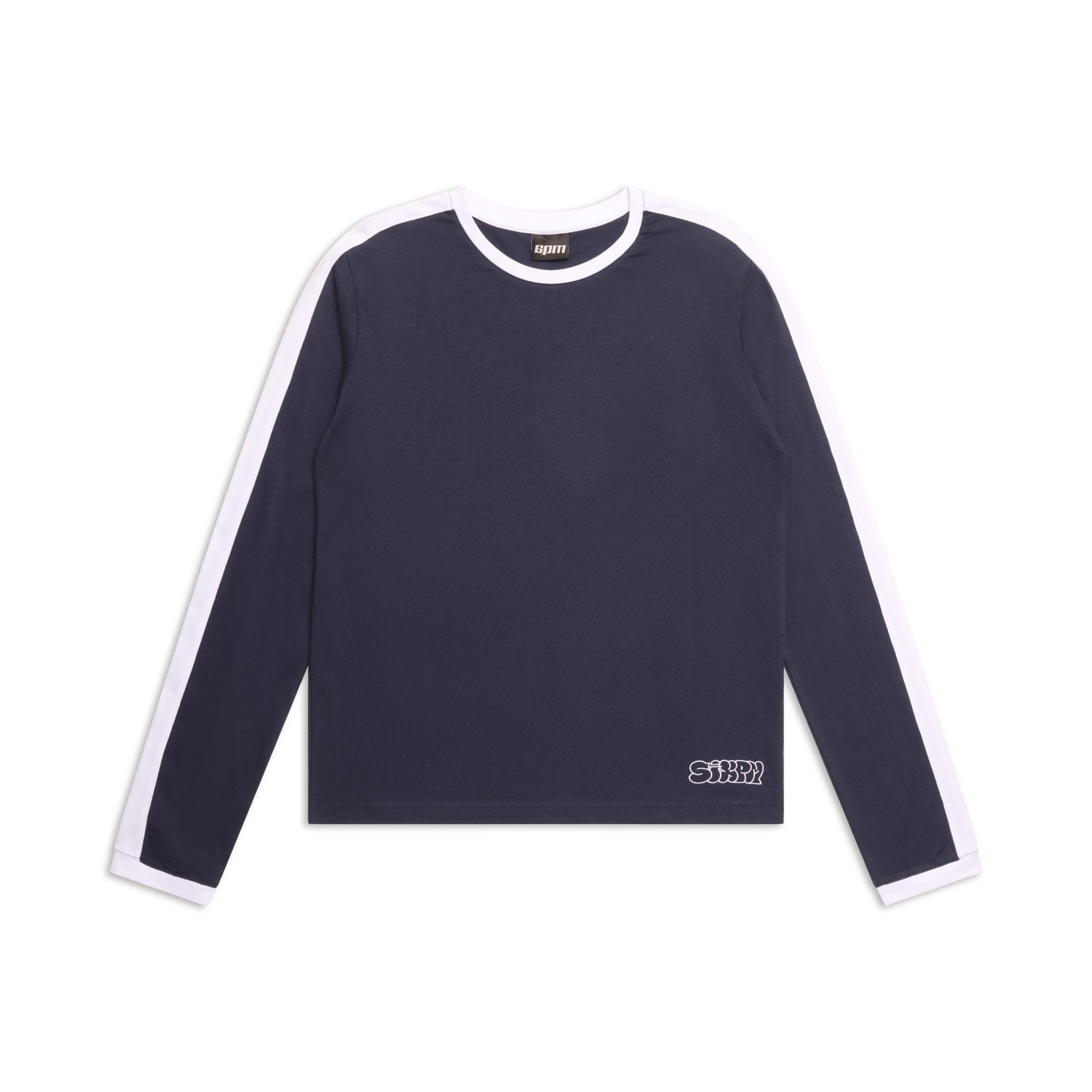 The 6PM GRAFFITI RINGER LS MIDNIGHT BLUE is a long-sleeve navy shirt with white trim on the sleeves and neckline plus a small white logo near the hem, displayed flat on a white background.