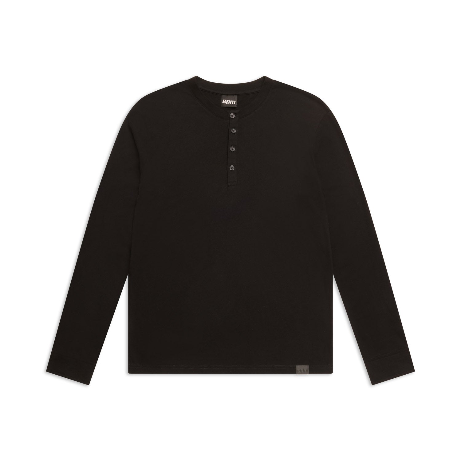 The 6PM BUTTONED SLIM FIT LS BLACK is a slim-fit black long-sleeve Henley shirt with a round neckline and four-button placket, shown on a white background.