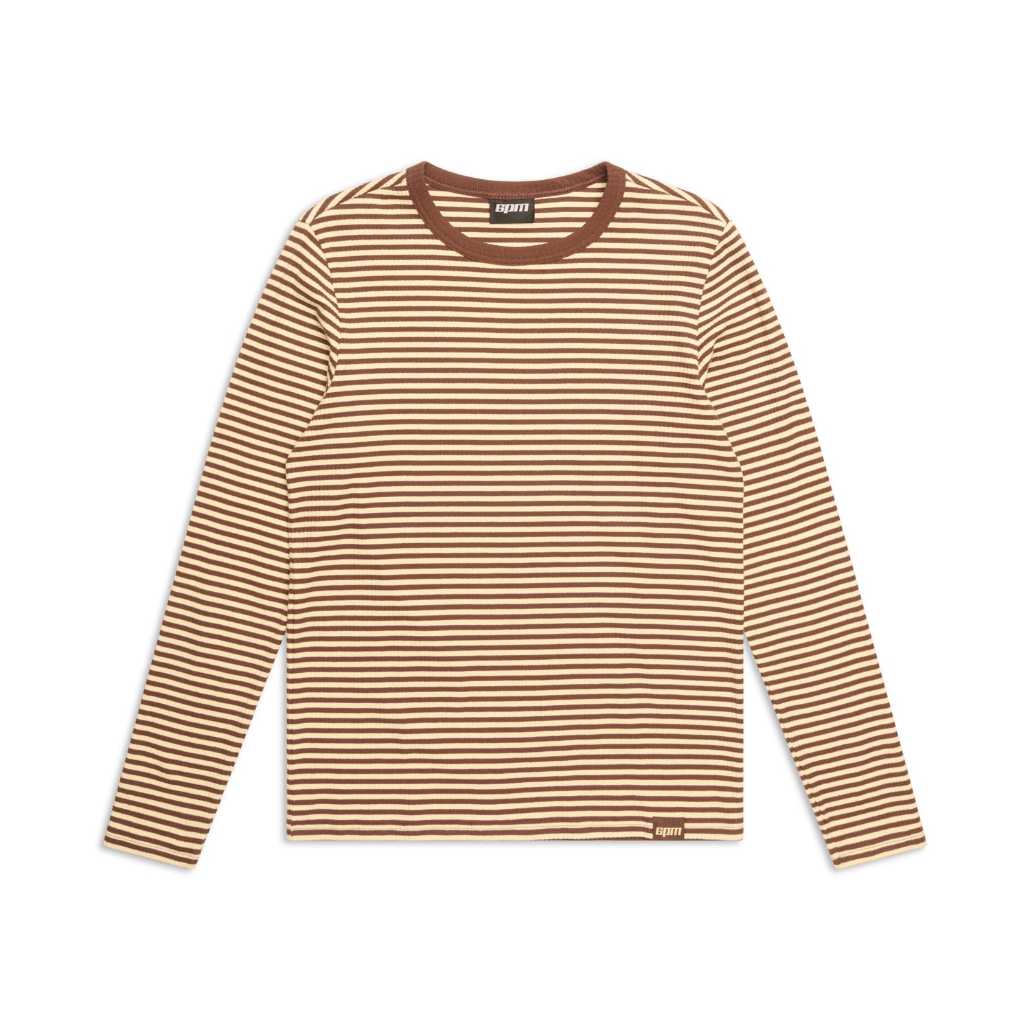 The 6PM STRIPED RIBBED LS DARK HAZELNUT is a long-sleeve shirt with thin horizontal brown and beige stripes and a solid brown collar, displayed flat on a white background.