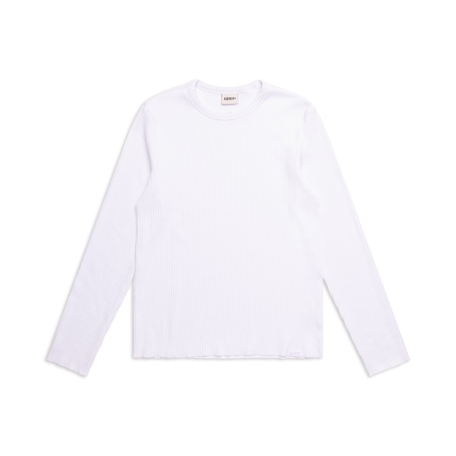 The 6PM 6PM+ RIBBED LS WHITE is a plain white, long-sleeve, ribbed crewneck shirt, shown laid flat on a white background.