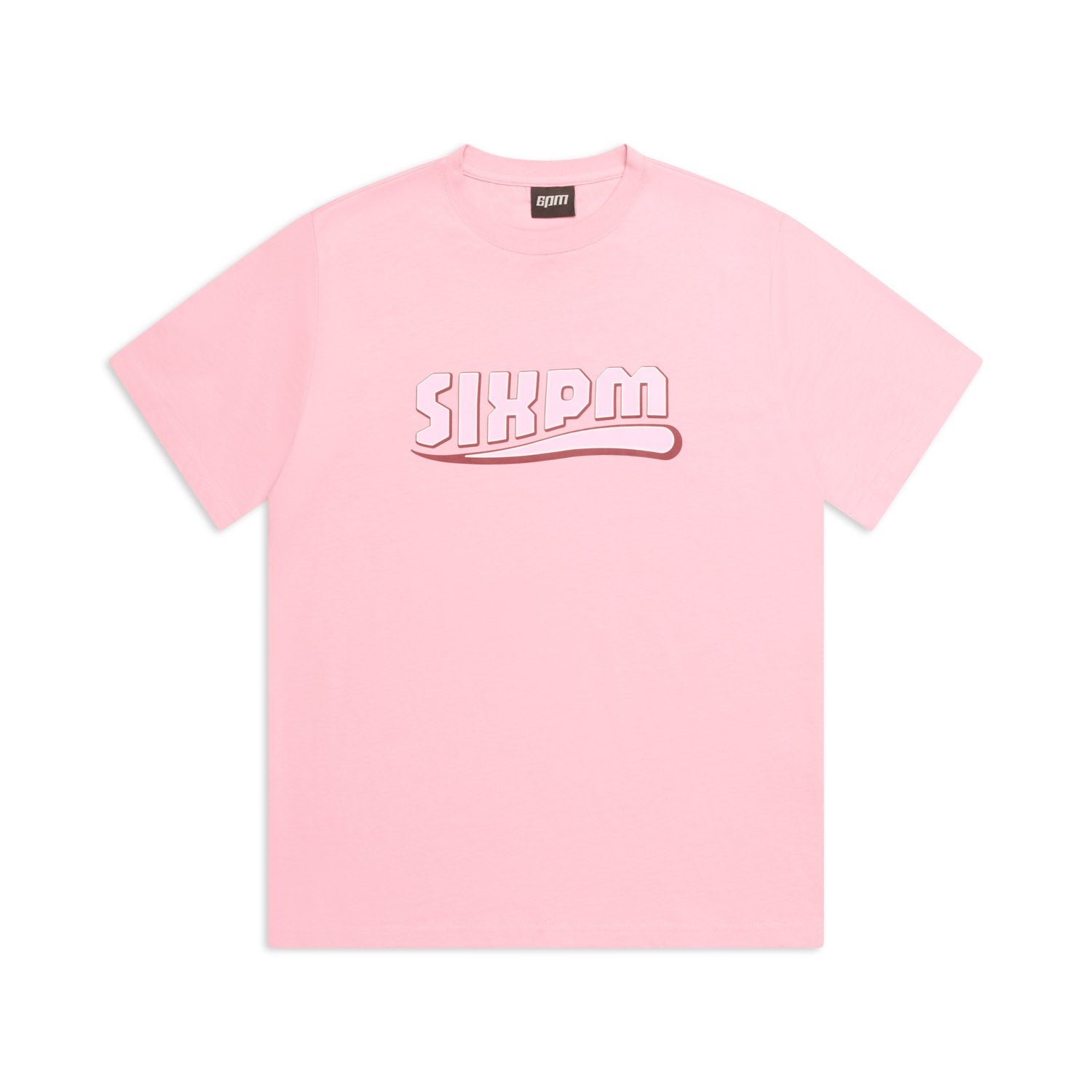 The CLEAN EDGE WAVE T-SHIRT PINK by 6PM features bold, white, stylized 6PM lettering outlined in pink across the chest. The light pink shirt is displayed flat on a white background.