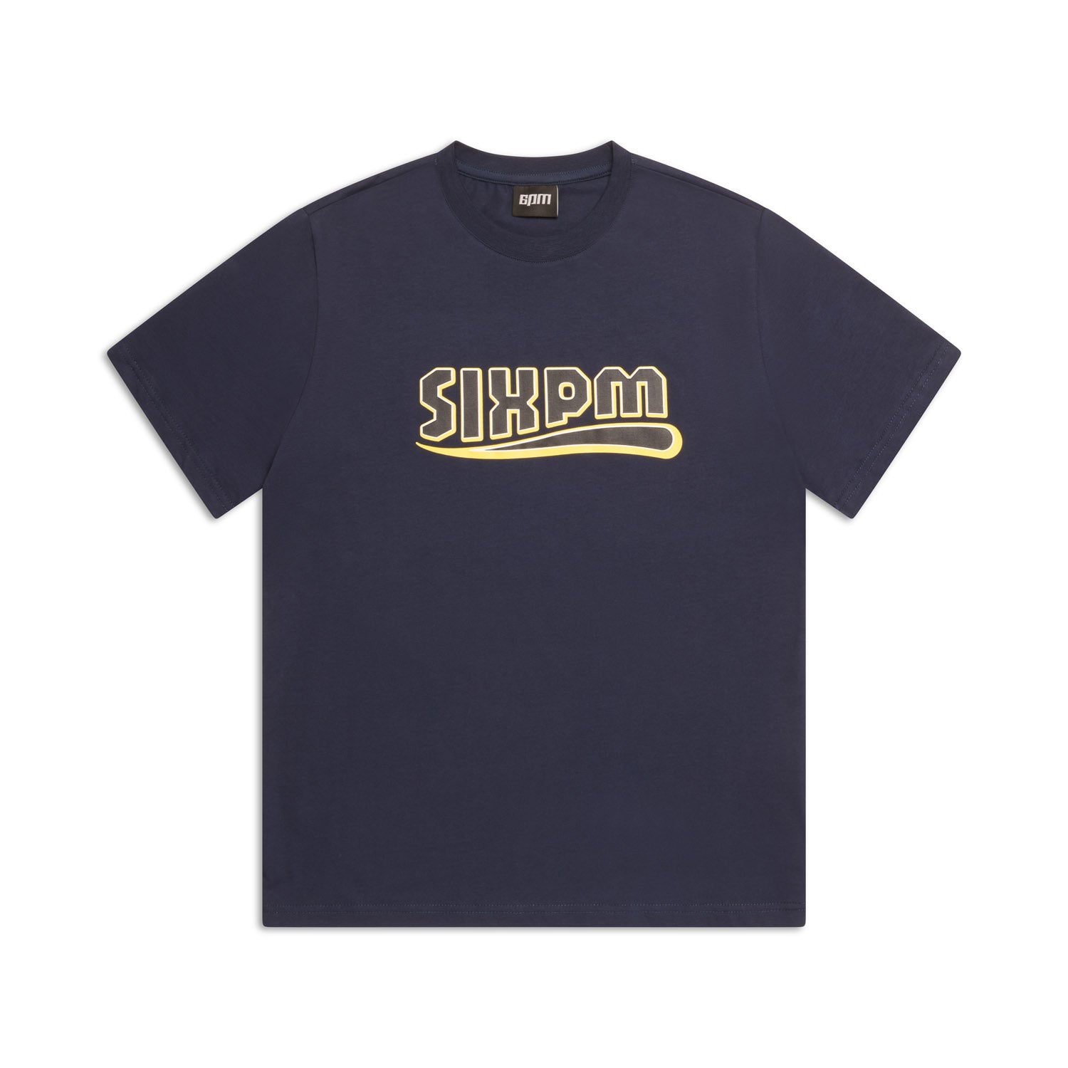 The CLEAN EDGE WAVE T-SHIRT MIDNIGHT BLUE by 6PM is a navy short-sleeve shirt with bold yellow “SIXPM” lettering and a stylized underline on the chest, displayed flat against a white background.