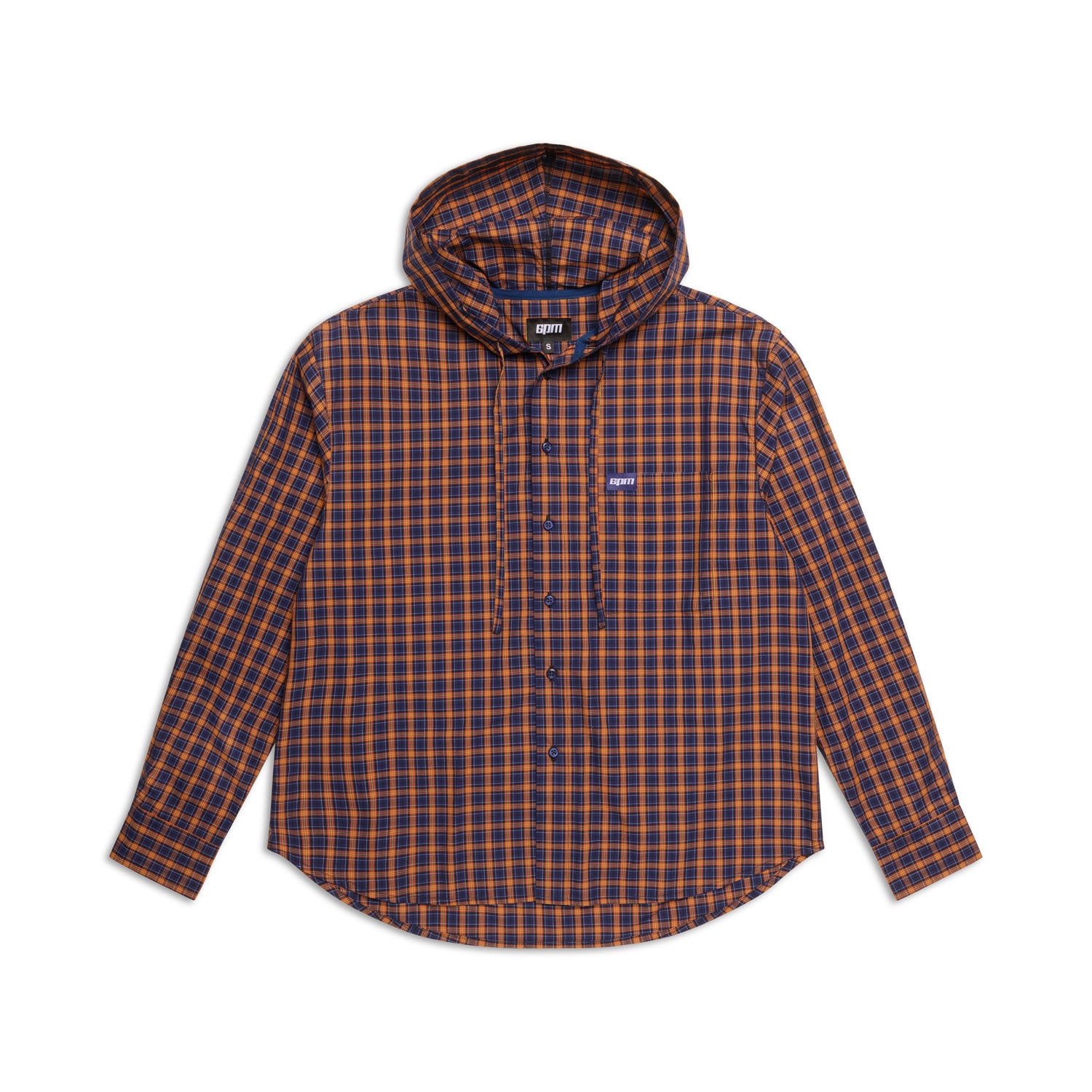 The 6PM HOODED DRESS SHIRT in blue, orange, and black plaid features long sleeves, a button-up front, and a chest pocket with a small label, shown flat on a white background.