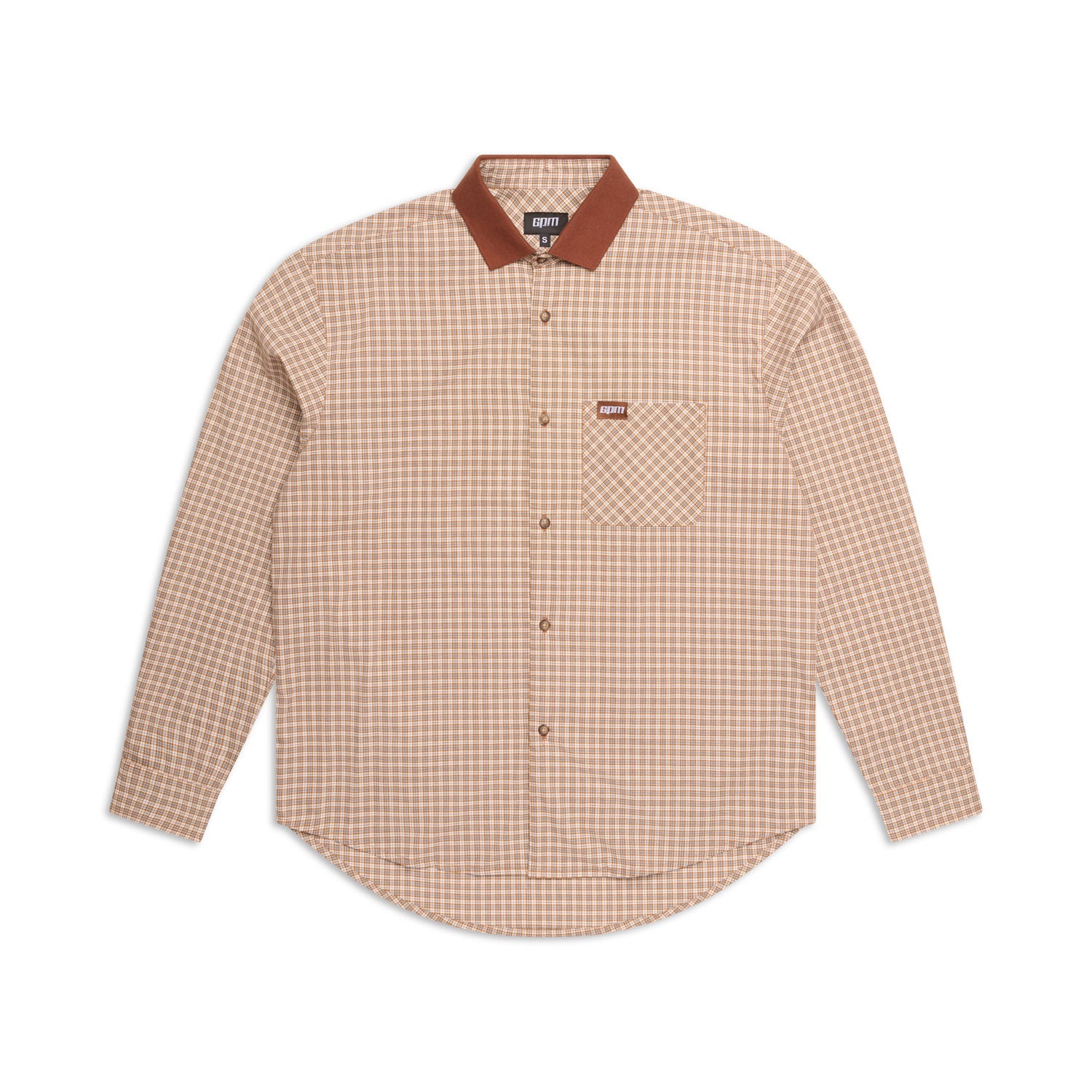The 6PM STRIPED RIBBED LS DARK HAZELNUT is a long-sleeve shirt with a striped ribbed pattern, solid brown collar, front left chest pocket, and brown buttons.