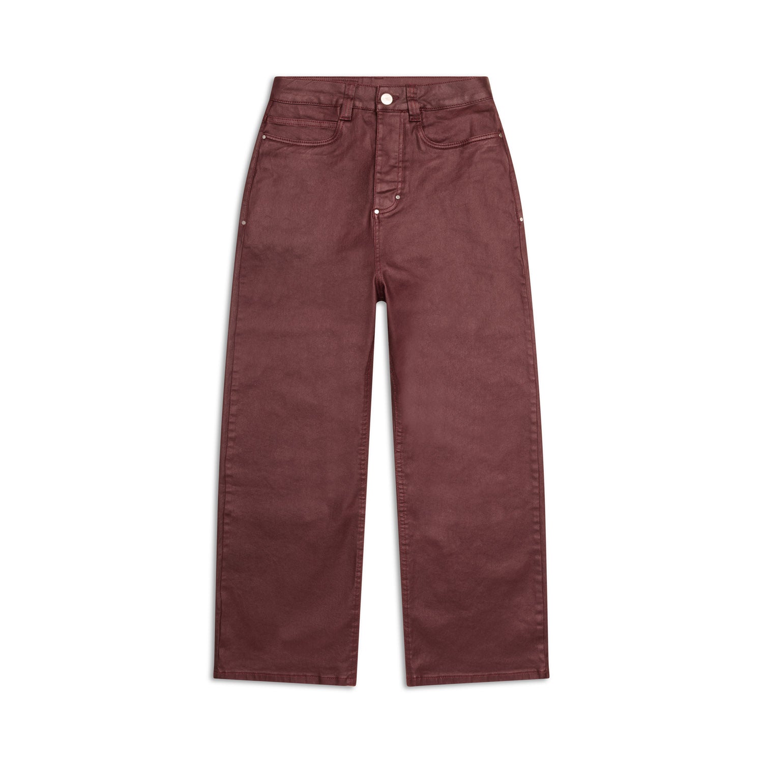 The 6PM WAX COATED DENIM DARK BURGUNDY are high-waisted, wide-leg pants with front and back pockets, belt loops, and a button-zip closure, shown in rich maroon on a white background.