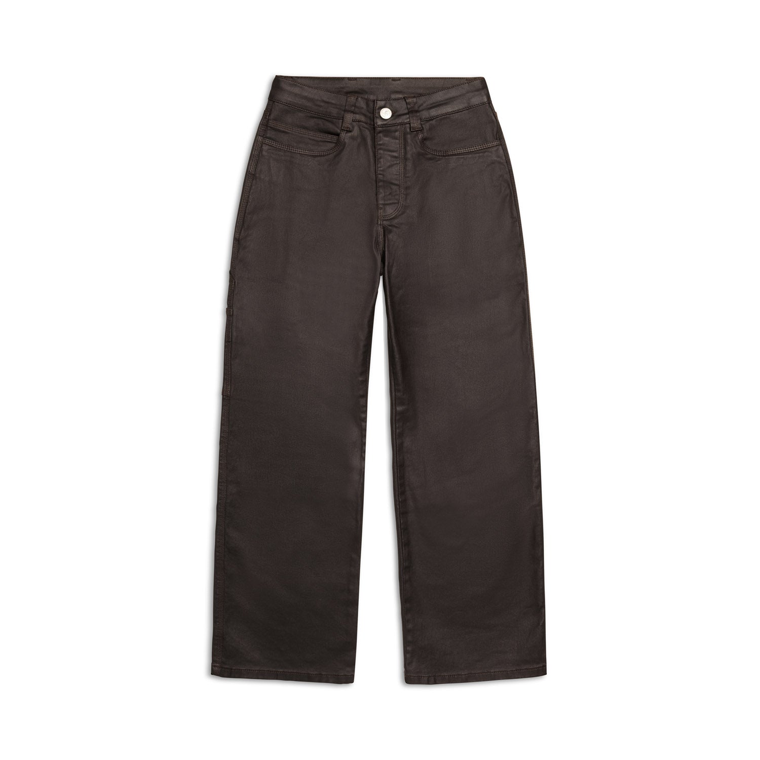 The COATED CARPENTER DENIM HASH BROWNIE by 6PM is a pair of high-waisted, wide-leg dark brown pants with front and back pockets and a button-zip closure, shown flat against a white background.