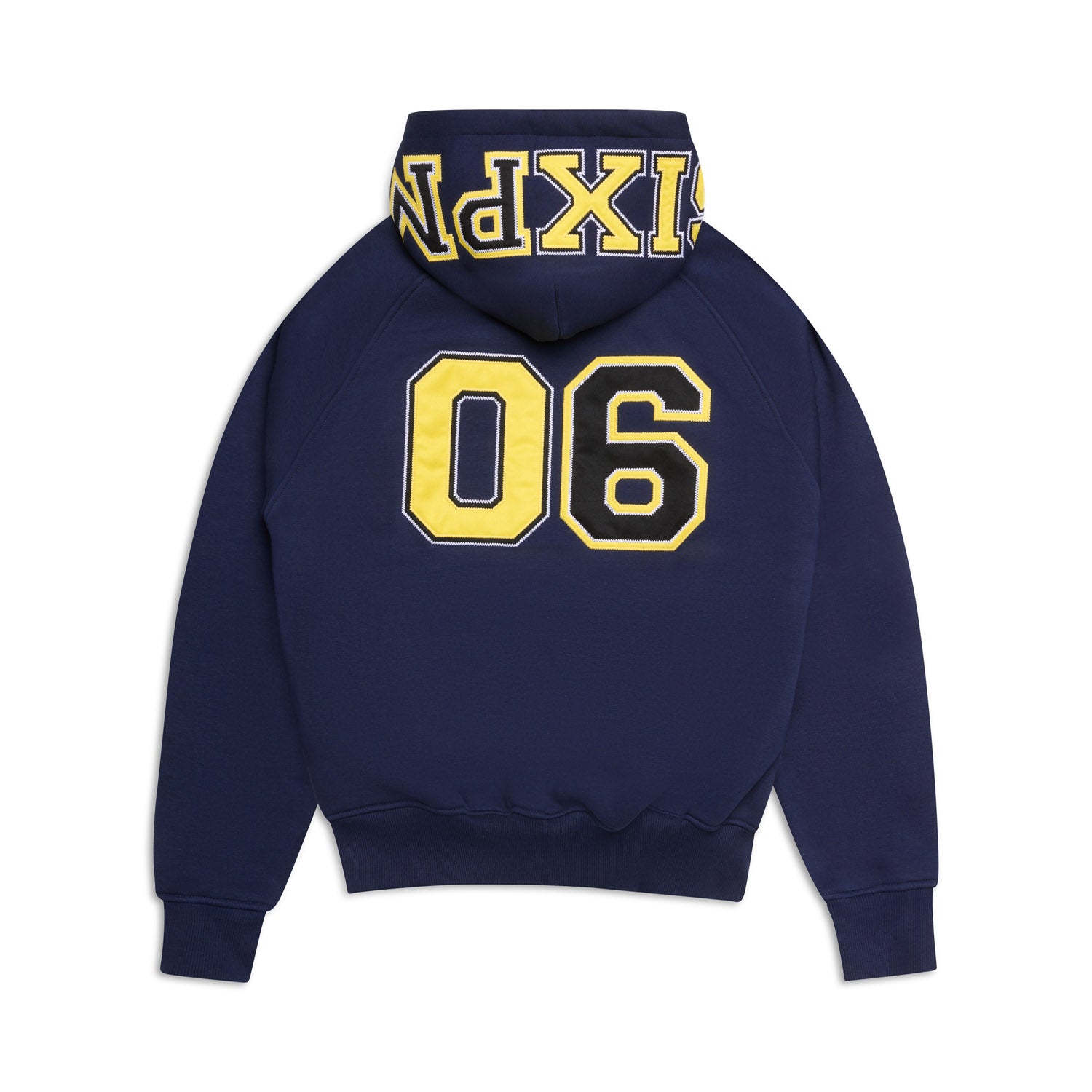 The 6PM COLLEGE LETTER HOODIE MIDNIGHT BLUE features bold yellow 06 numbers on the back and "XPINIX" in yellow text across the hood.